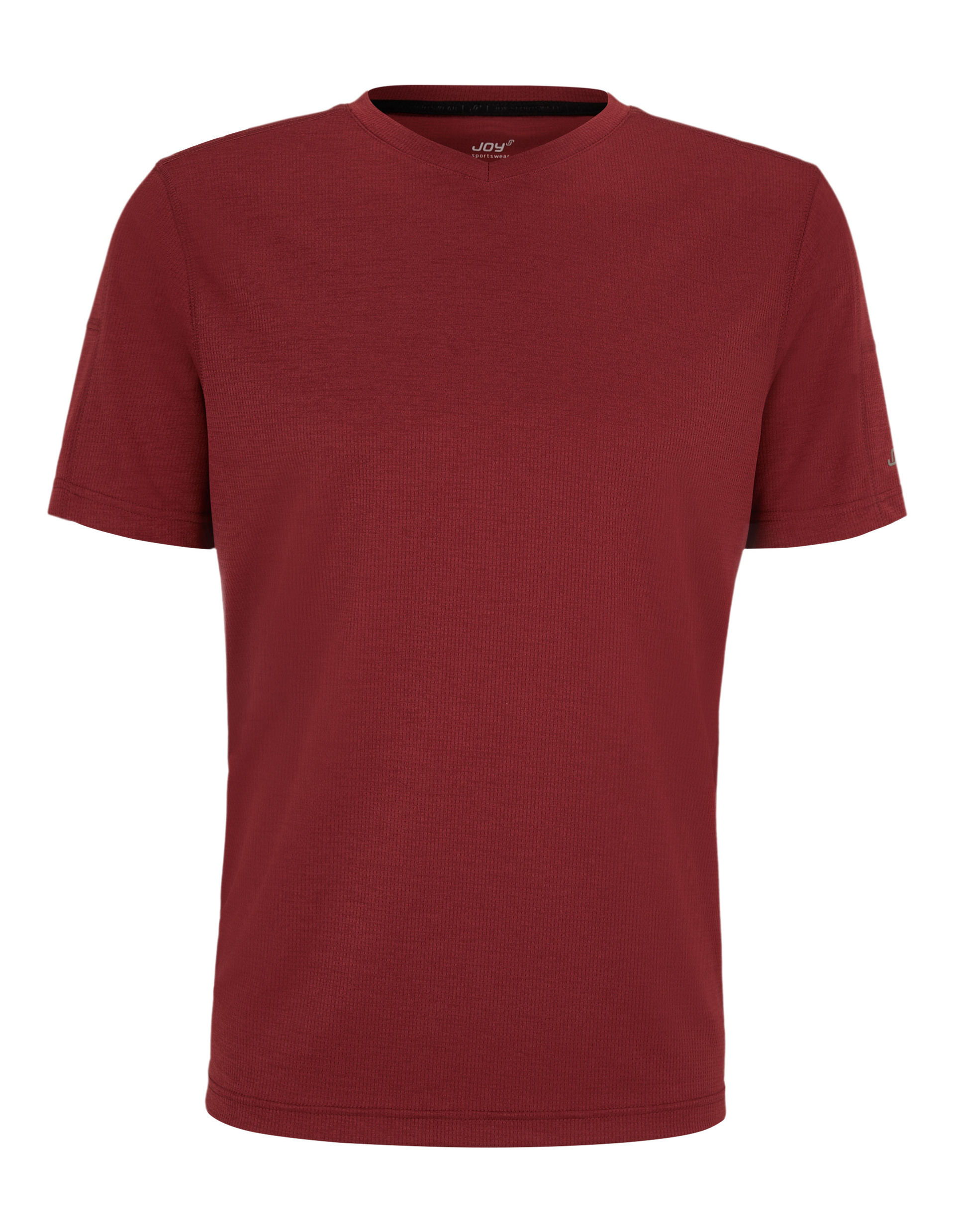 Ein schlichtes, dunkelrotes T-Shirt aus Baumwolle mit Rundhalsausschnitt und kurzen Ärmeln, ideal für den Alltag.