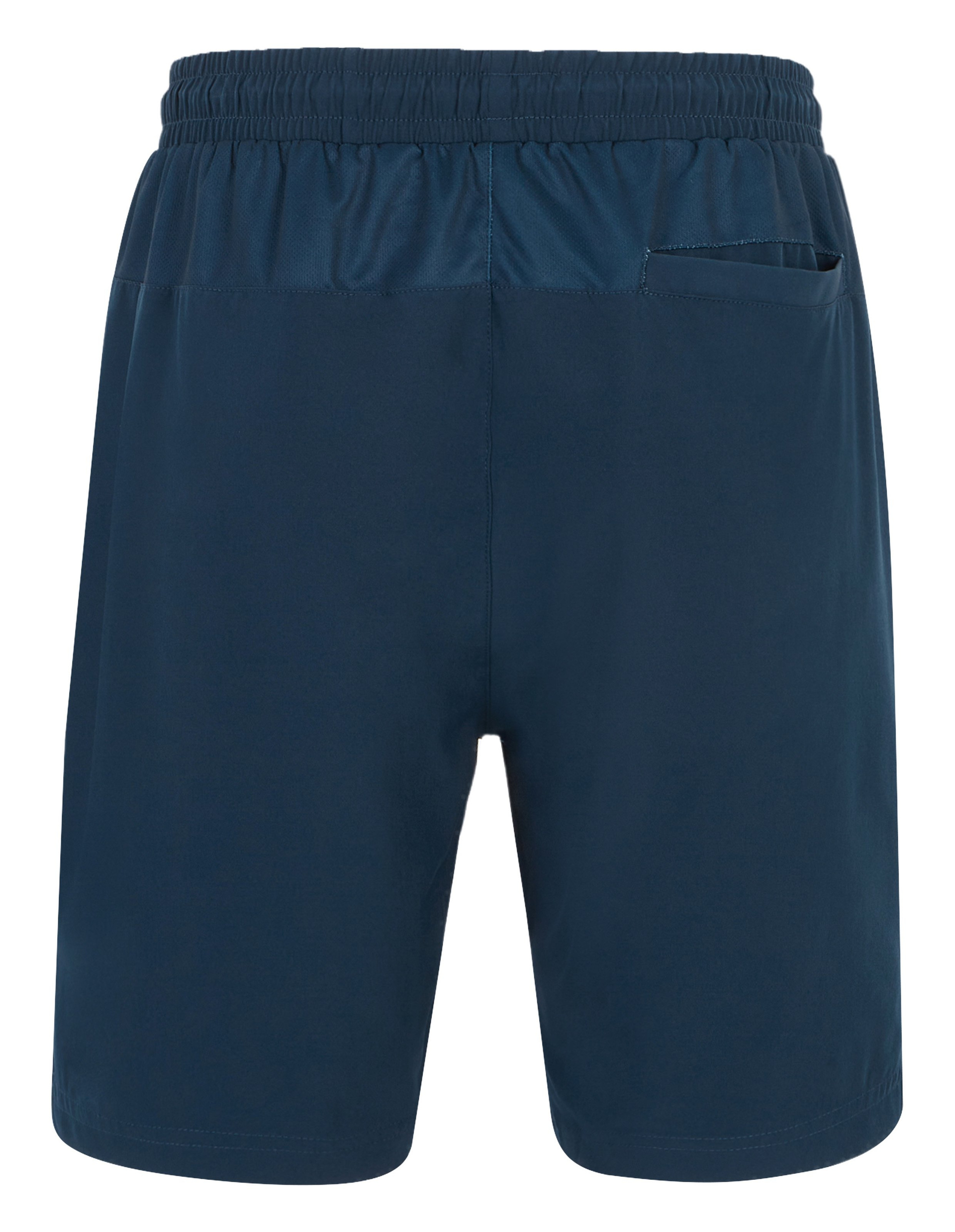 Dunkelblaue Shorts mit elastischem Bund und einer hinteren Tasche, aus leichtem Stoff, geeignet für Freizeitaktivitäten.