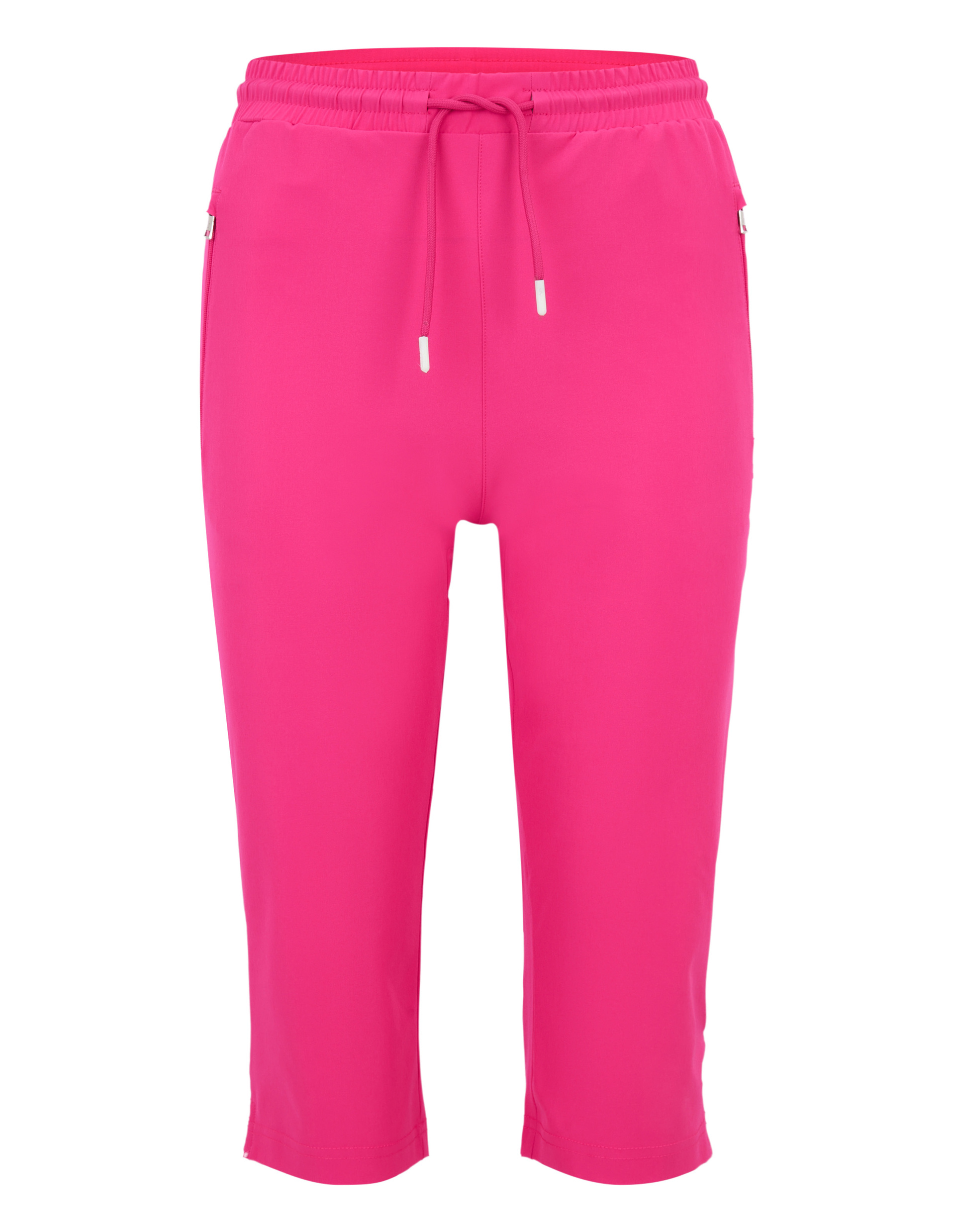 Leuchtend pinke Dreiviertelhose mit elastischem Bund und Kordelzug, schlichtes Design ohne Muster, aus weichem Stoff.