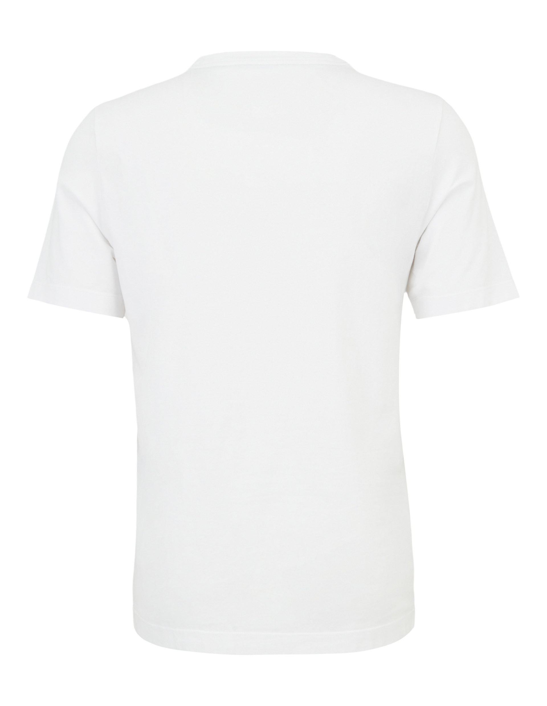 Weißes T-Shirt mit kurzem Ärmel, Rückansicht, einfachem Schnitt und geradem Saum, ohne sichtbare Details oder Verzierungen.