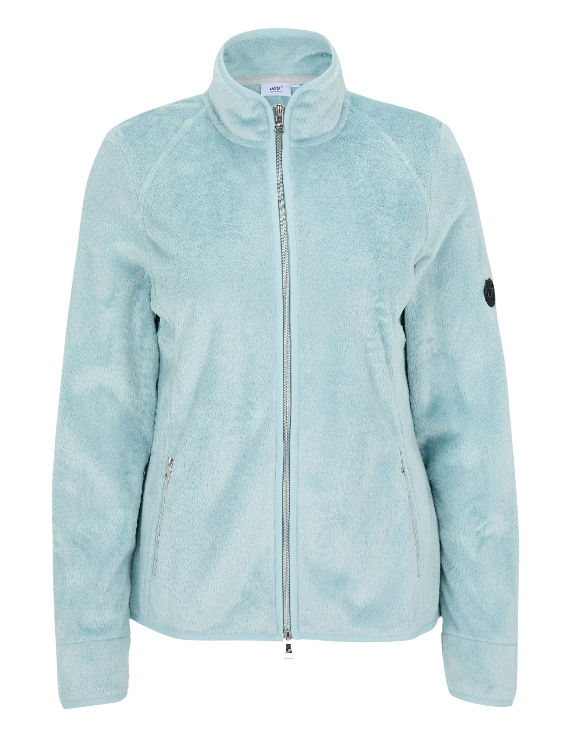 Hellblaue Fleecejacke mit Reißverschluss, Stehkragen und Seitentaschen, Logo an linkem Ärmel, weich und kuschelig.