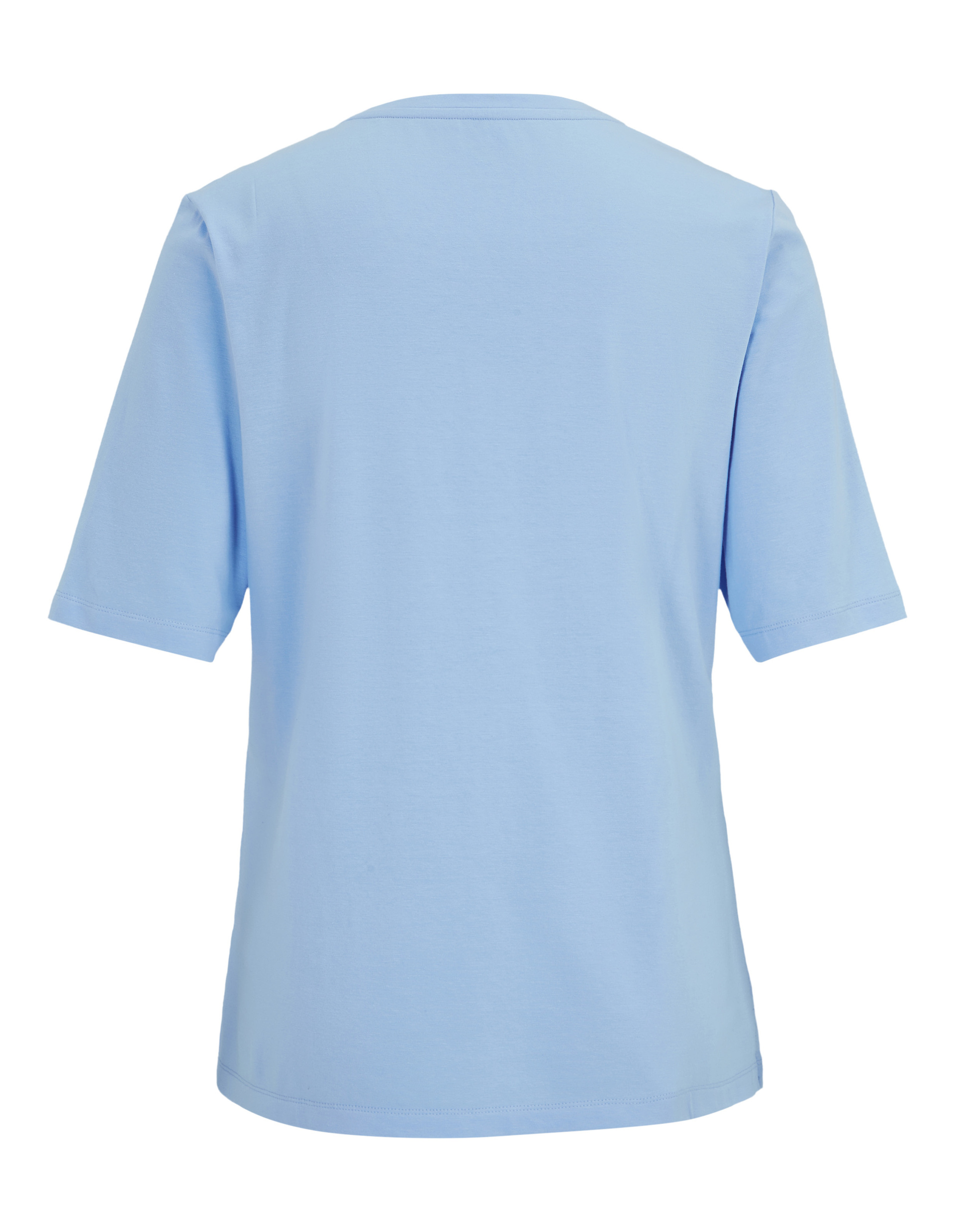 Hellblaues T-Shirt mit kurzen Ärmeln und Butterfly-Design in Blau- und Schwarztönen auf der rechten Seite.