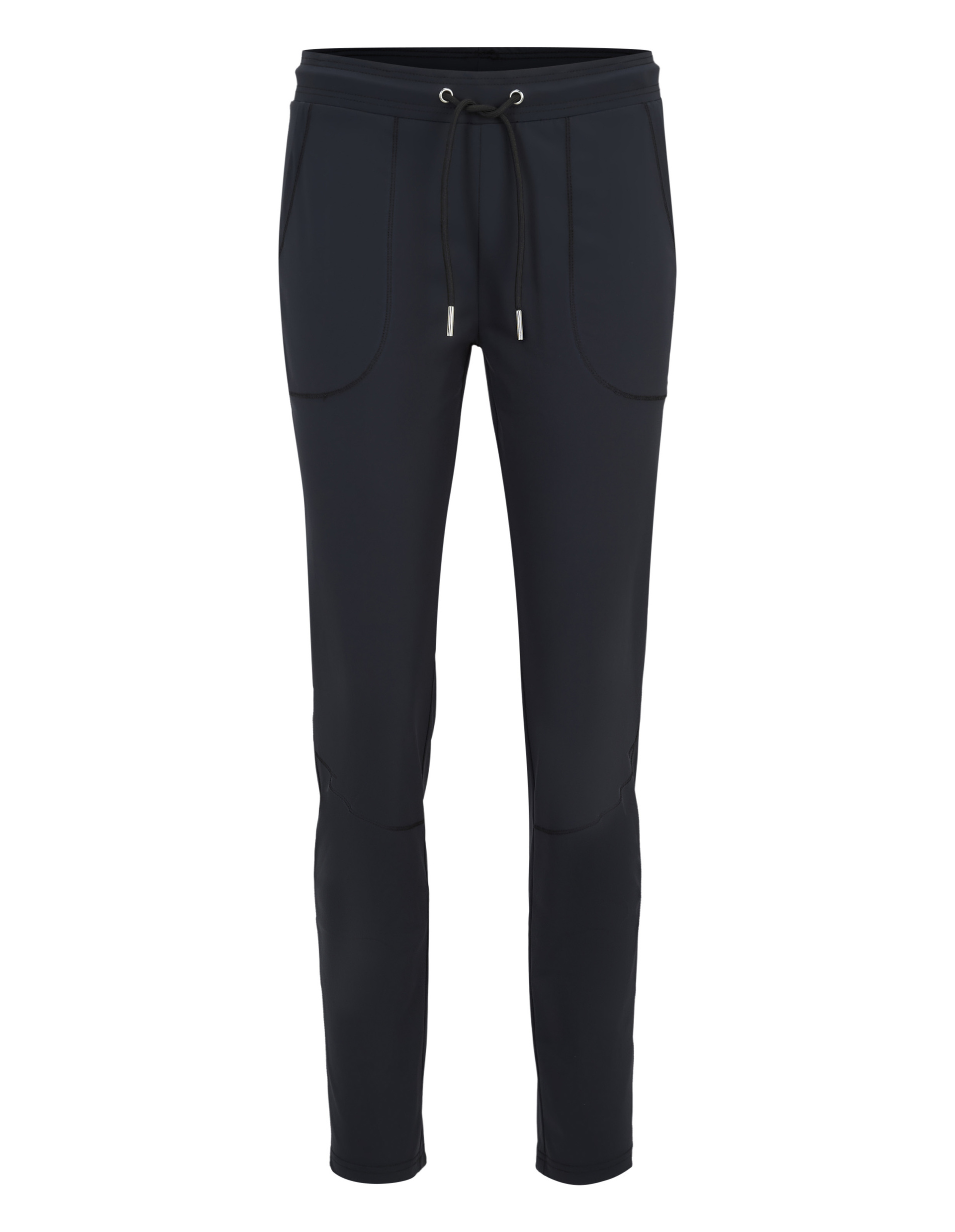 Schwarze Jogginghose mit Kordelzug an der Taille und großen Fronttaschen, aus weichem Material, ideal für Freizeitaktivitäten.