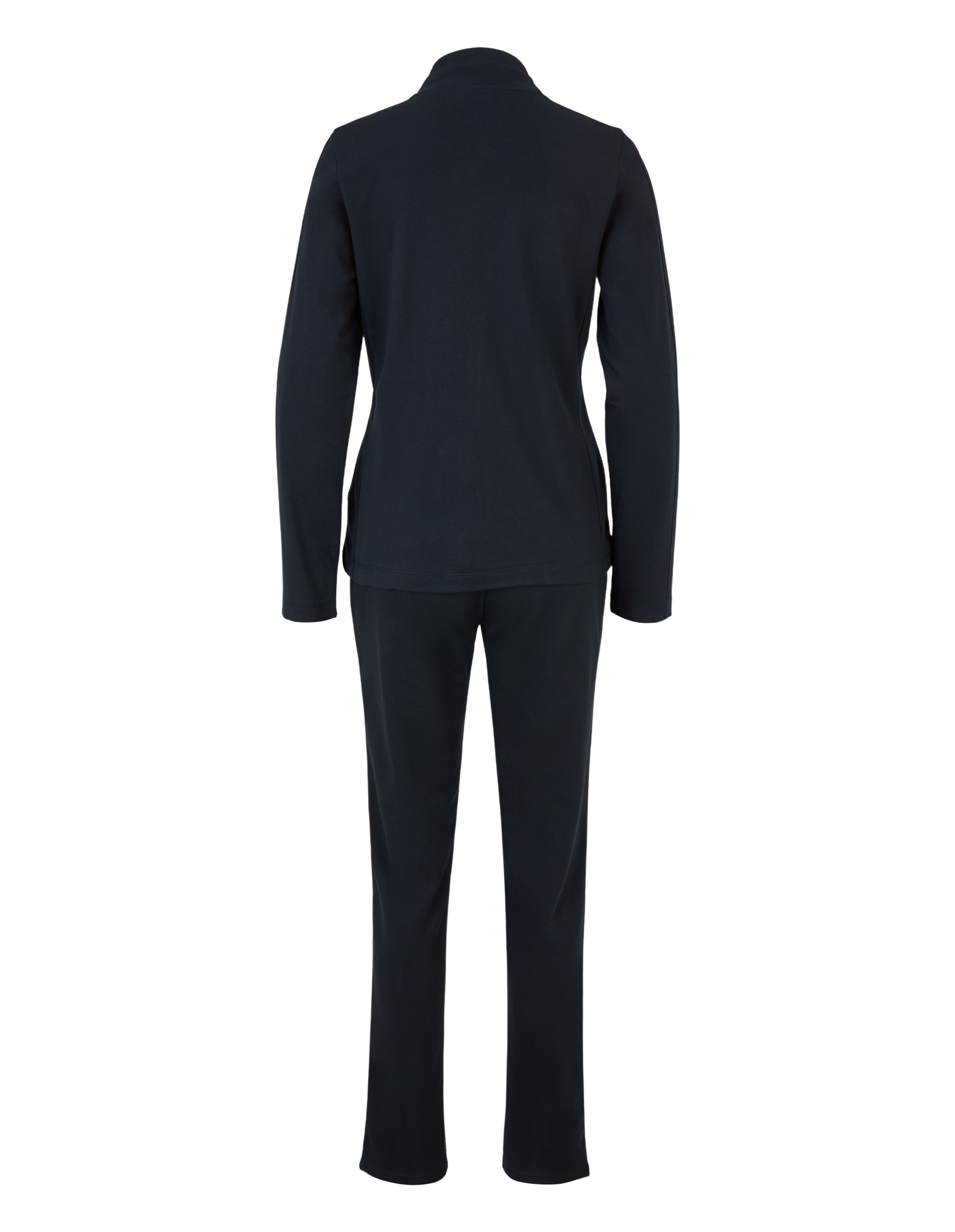 Schwarzer langer Schlafanzug von hinten, bestehend aus Langarmshirt und gerade geschnittenen Hosen, minimalistisch und klassisch.