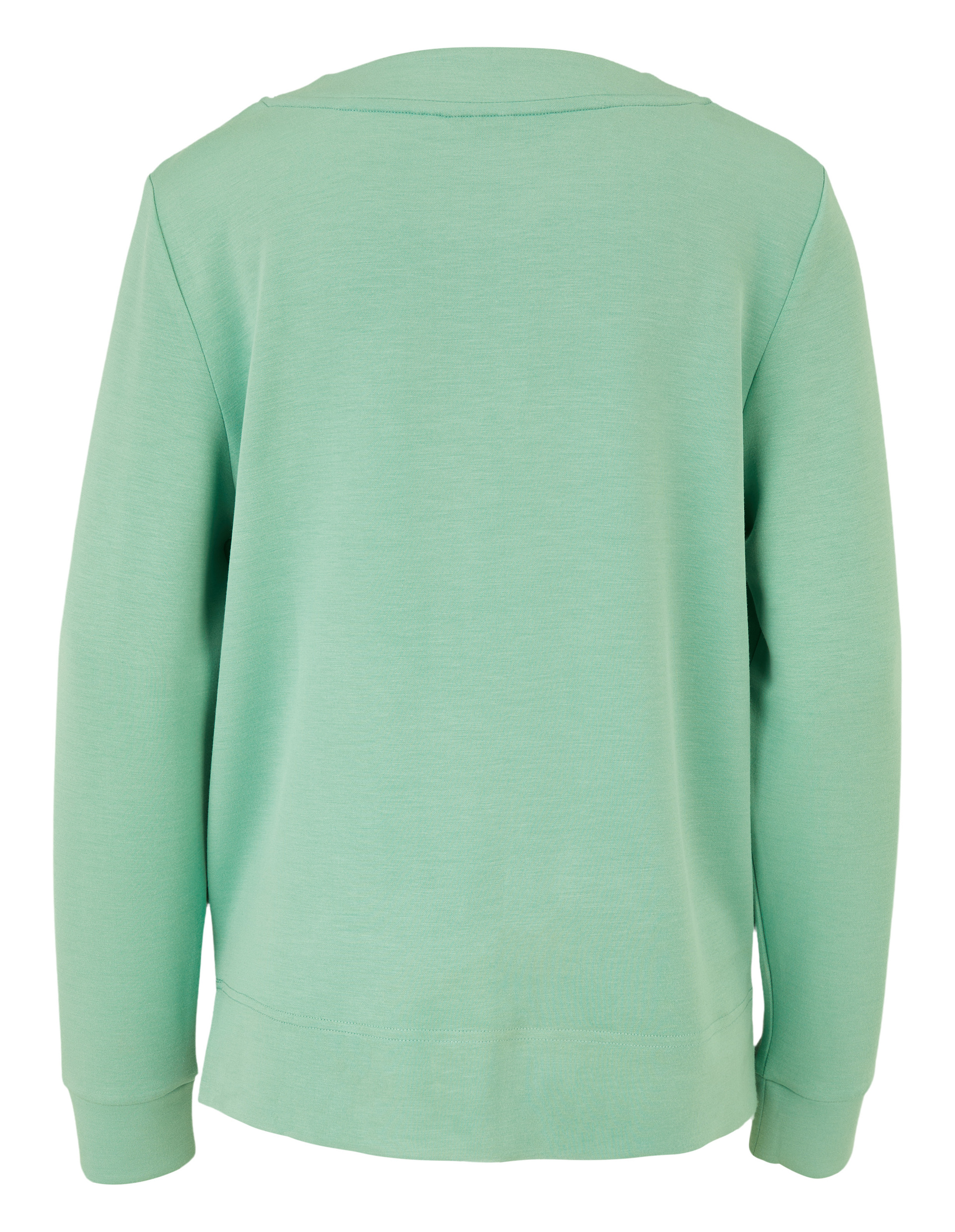 Grüner Pullover mit Rundhalsausschnitt und langen Ärmeln aus weichem Material, schlichtes Design, Vorderansicht.
