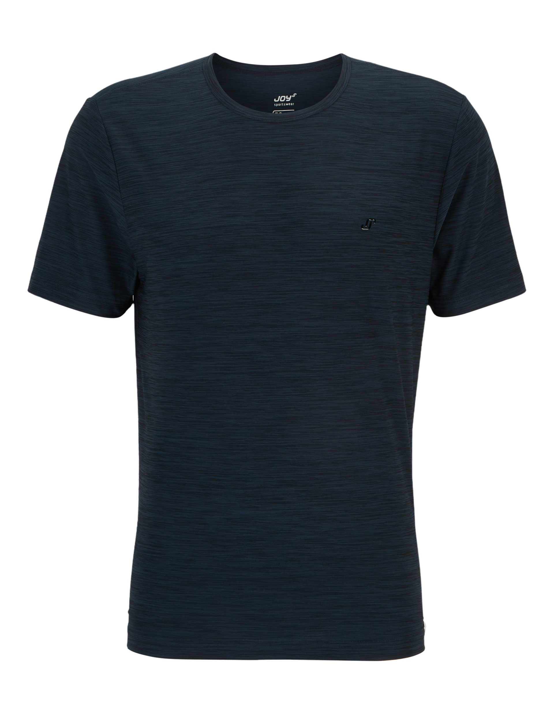 Dunkelblaues T-Shirt mit Rundhalsausschnitt und dezentem Logo, aus leicht meliertem Stoff, schlicht und sportlich im Design.