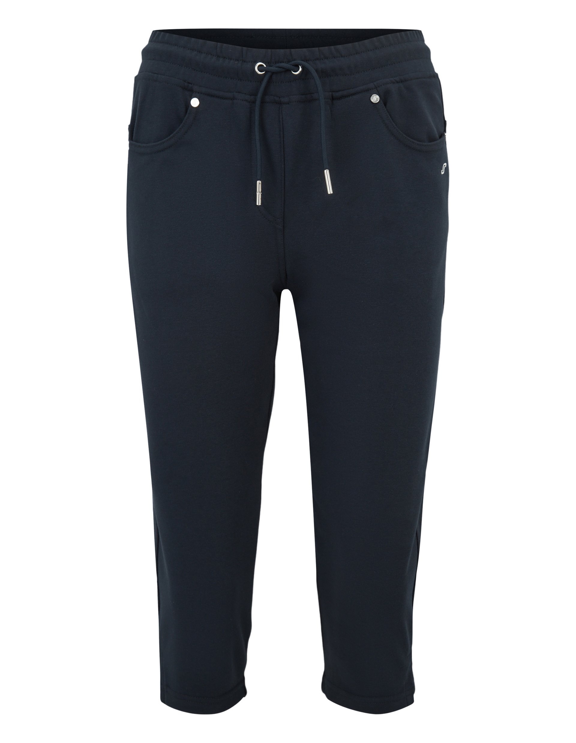 Schwarze, knielange Jogginghose mit Taschen und Kordelzug am elastischen Bund, ideal für sportliche Aktivitäten und Freizeit.