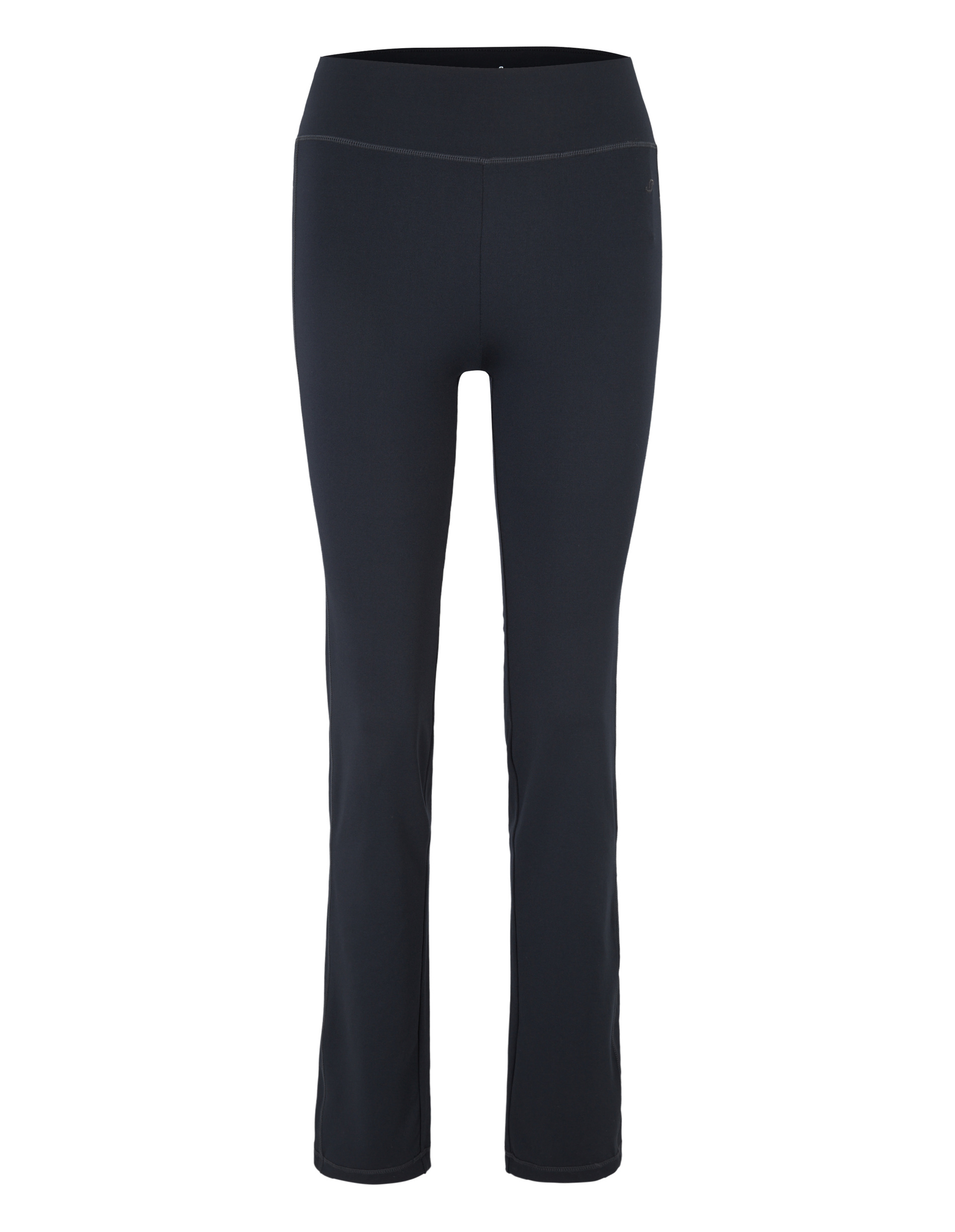 Schwarze, taillenhohe Yogahose mit weitem Bein und dehnbarem Material, ideal für Komfort und Bewegungsfreiheit beim Sport.