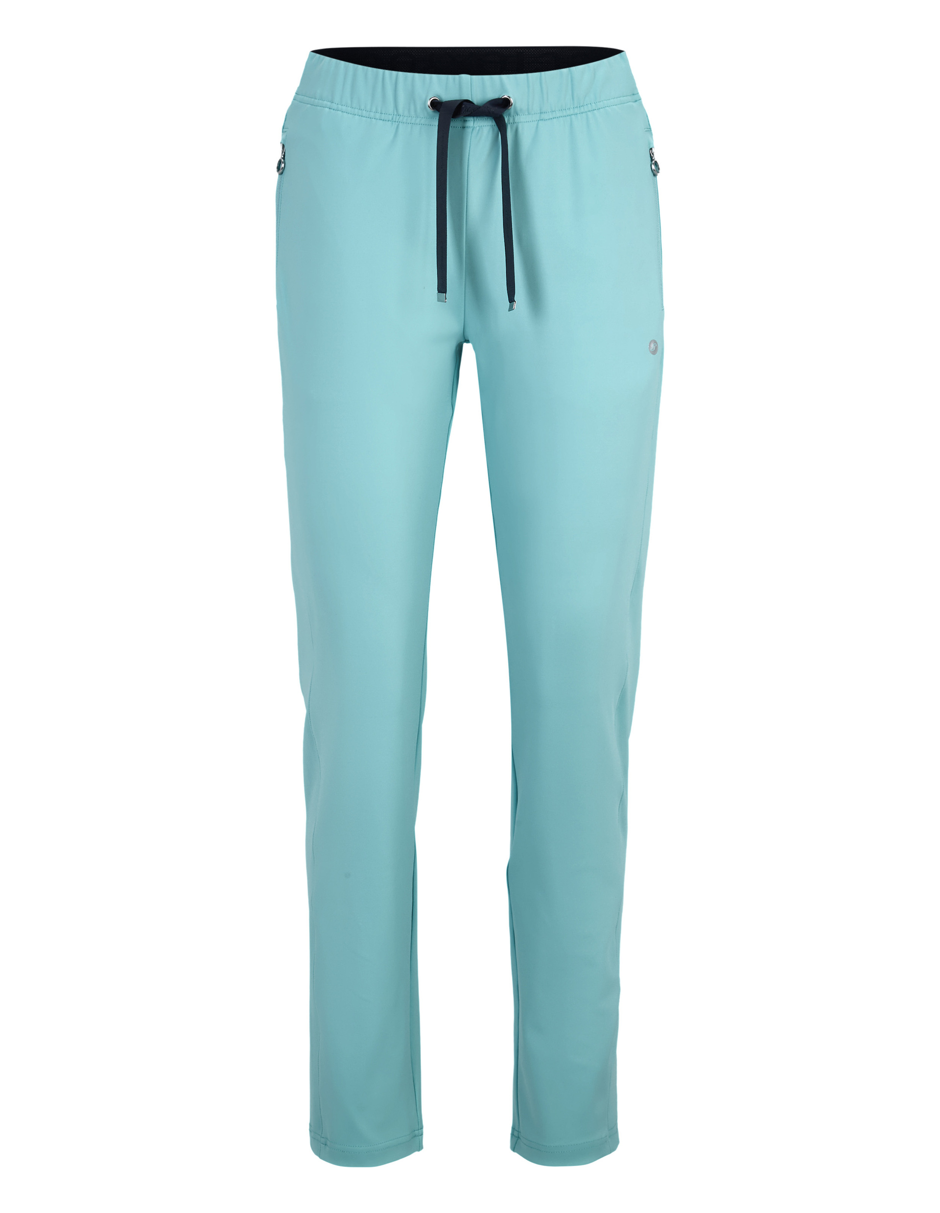 Türkise Hose aus leichtem Stoff mit elastischem Bund, schwarzer Kordel und Reißverschlusstaschen, ideal für lässigen Komfort.
