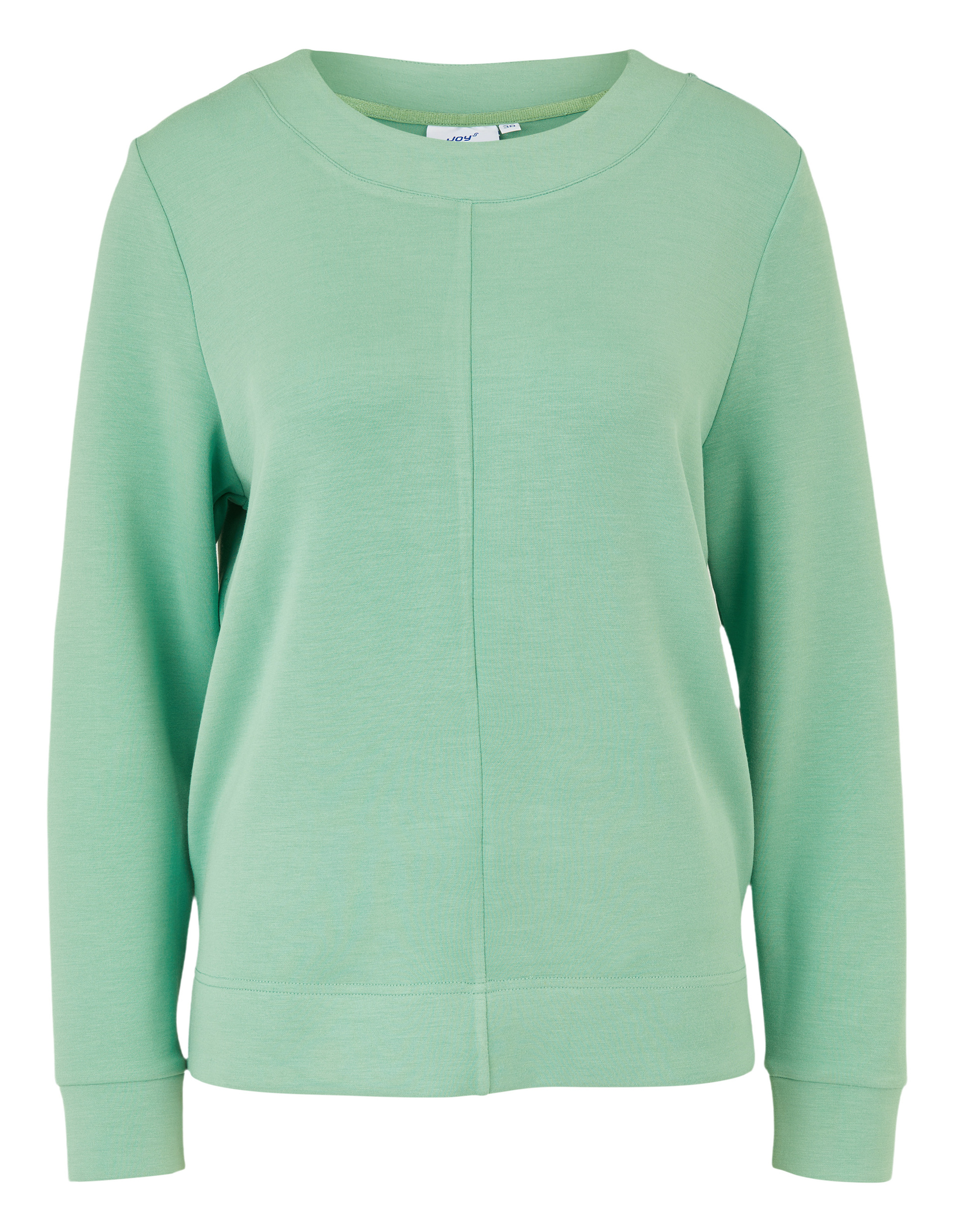 Grüner Pullover mit Rundhalsausschnitt und langen Ärmeln aus weichem Material, schlichtes Design, Vorderansicht.