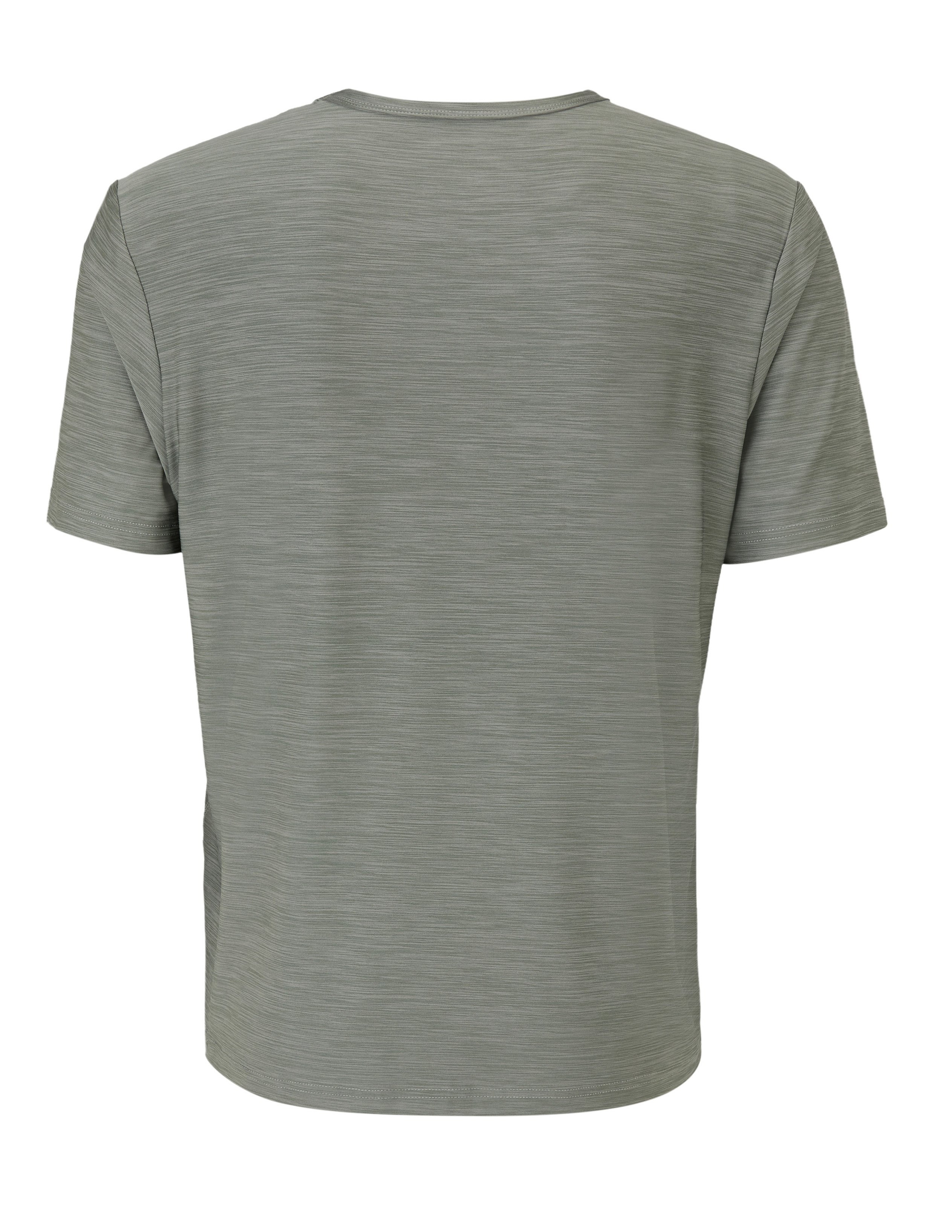 Graues T-Shirt mit feiner Streifenstruktur, Rundhalsausschnitt und kleinem Logo auf der Brust, ideal für sportliche Aktivitäten.