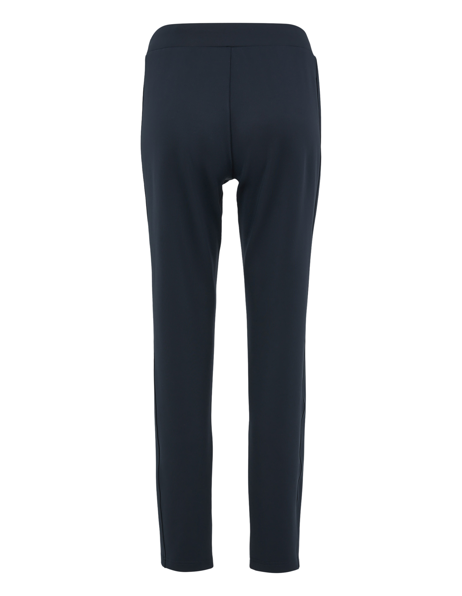 Rückansicht einer schlichten, schwarzen Damenhose mit geradem Schnitt und elastischem Bund, auf weißem Hintergrund dargestellt.