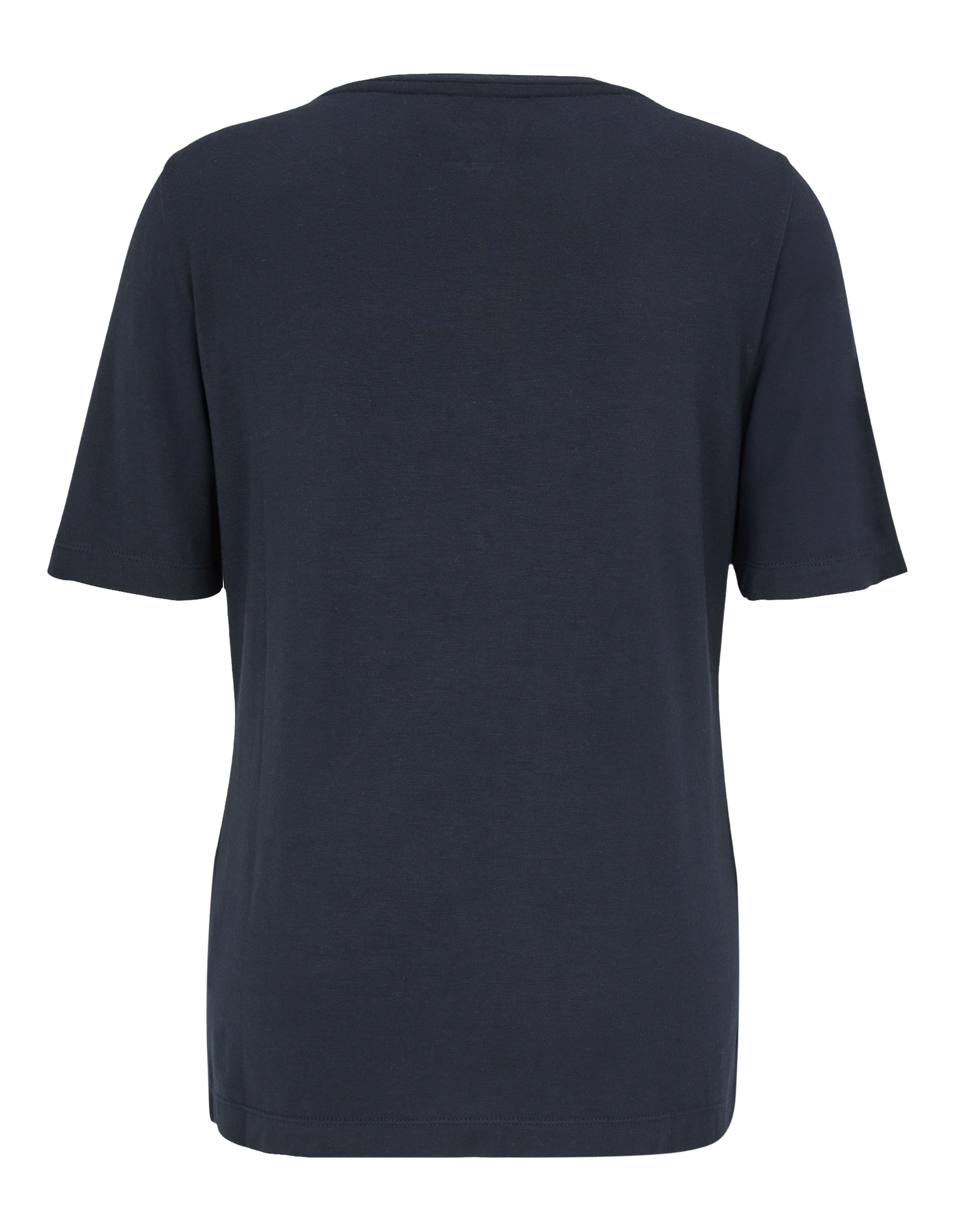 Dunkelblaues T-Shirt aus weichem Stoff, kurzärmlig und ohne Aufdruck, Rückansicht mit geradem Saum und Rundhalsausschnitt.