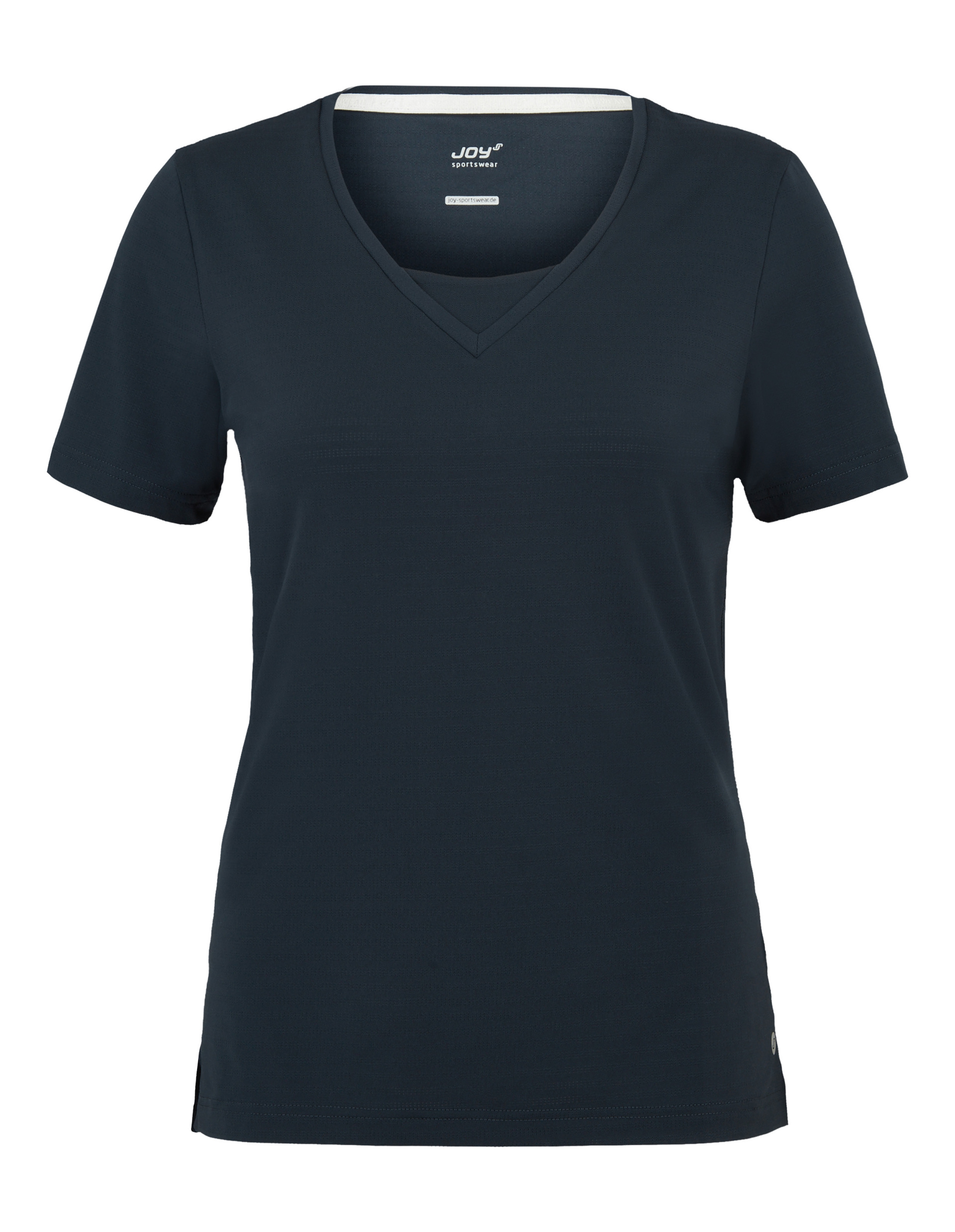 Dunkelblaues, kurzärmliges Sport-T-Shirt mit V-Ausschnitt, schlichtem Design und markantem Label \\\\\\\\\\\\\\\"JOY sportswear\\\\\\\\\\\\\\\" im Nackenbereich.