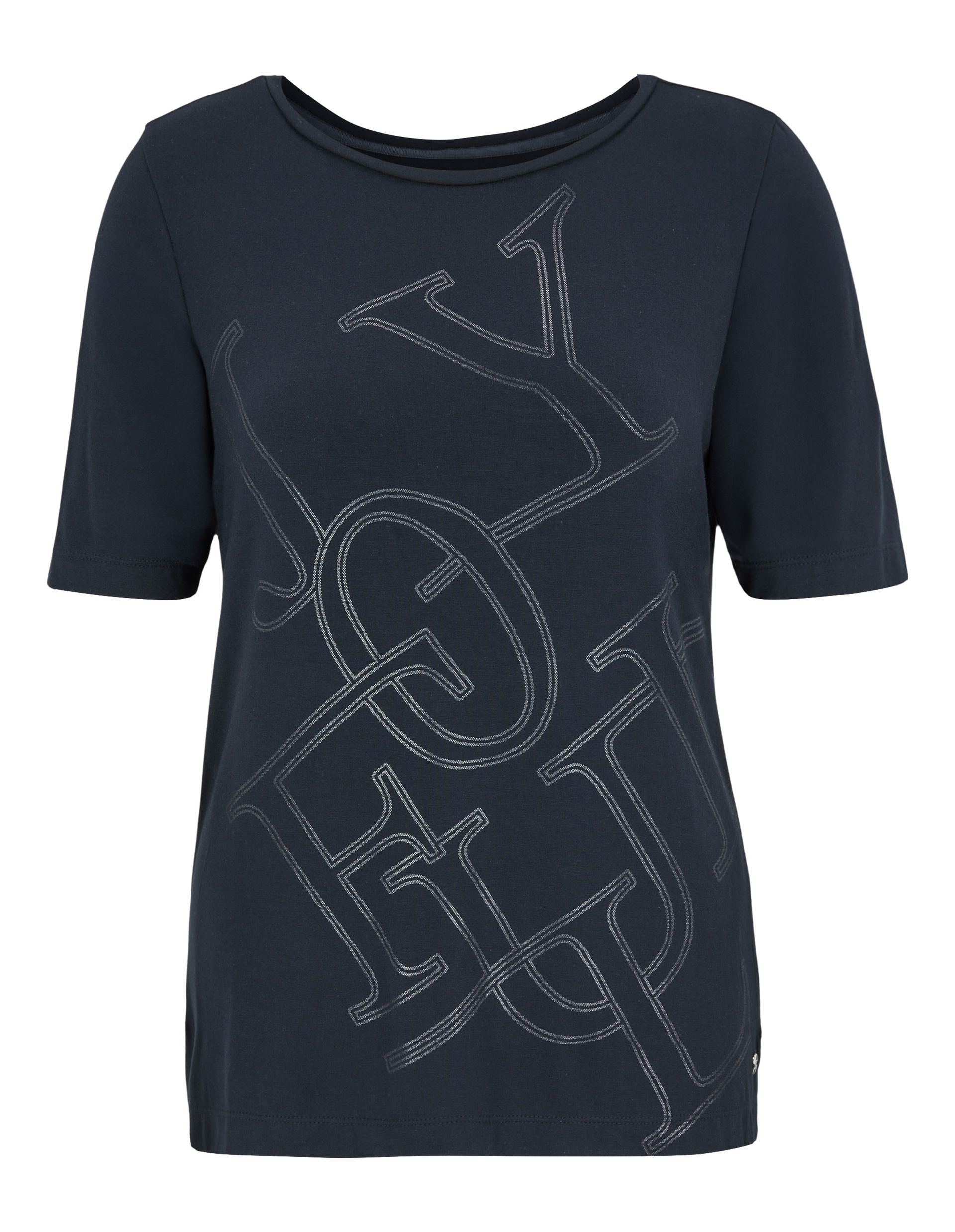 Dunkelblaues T-Shirt mit kurzen Ärmeln und großem, künstlerisch angeordnetem Schriftzug JOYFUL in heller Naht auf der Vorderseite.