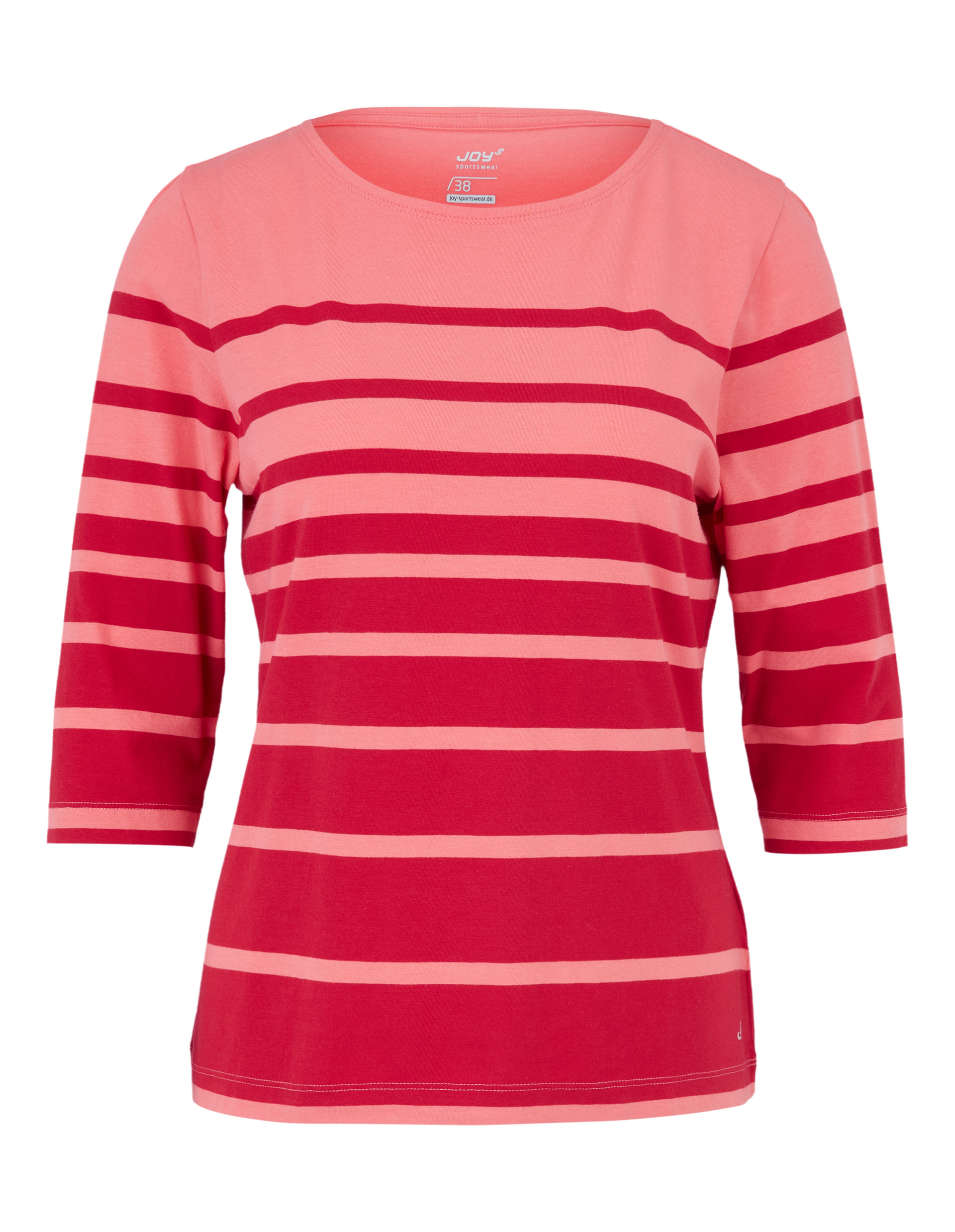 Dreiviertelarm-Shirt in Rosa und Rot mit horizontalen Streifen, Rundhalsausschnitt und klarer Linienführung für einen frischen Look.