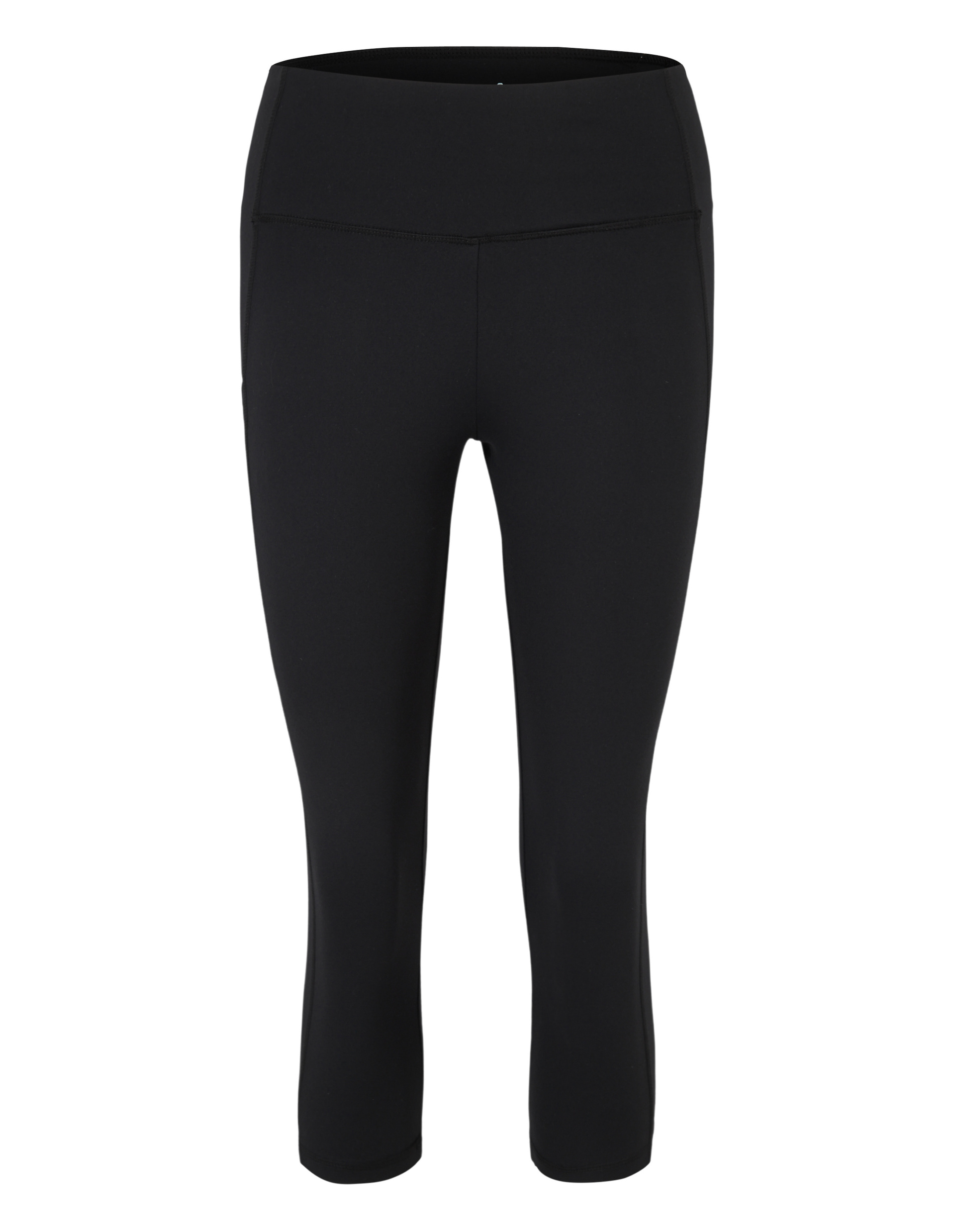 Dreiviertellange, schwarze Leggings mit hohem Bund, aus glattem, elastischem Material, ohne sichtbare Logos oder Muster.