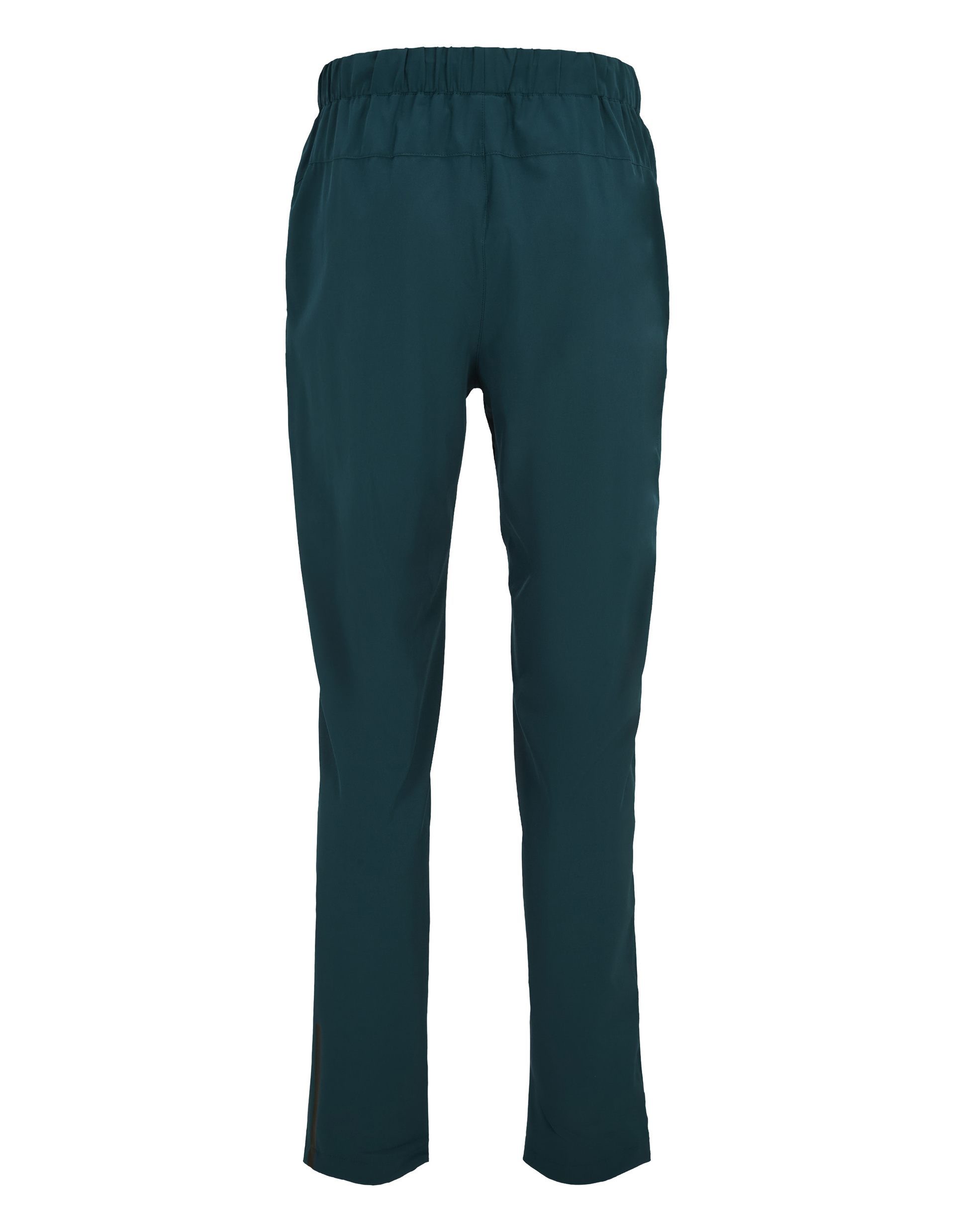 Dunkelgrüne Jogginghose hintenansicht mit elastischem Bund und schlichten, geraden Beinen aus leicht glänzendem Stoff.