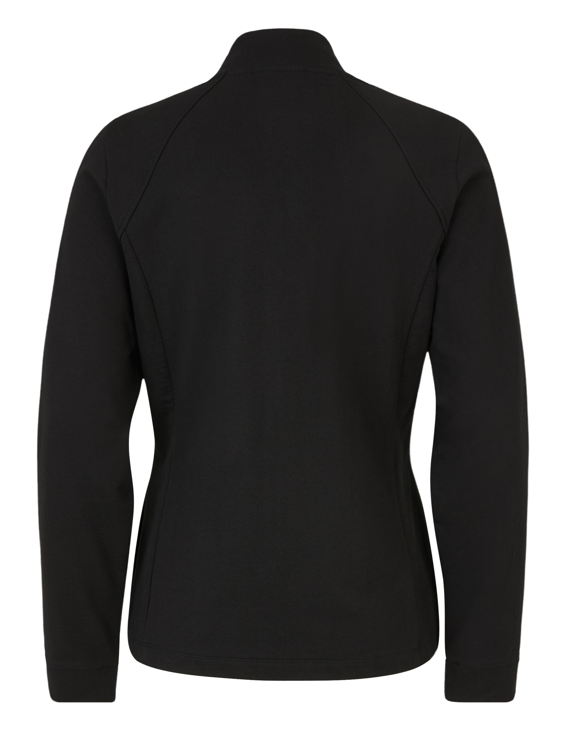 Schwarze Jacke von hinten mit langen Ärmeln und Stehkragen, schlichtes Design ohne Ziernähte oder sichtbare Taschen.