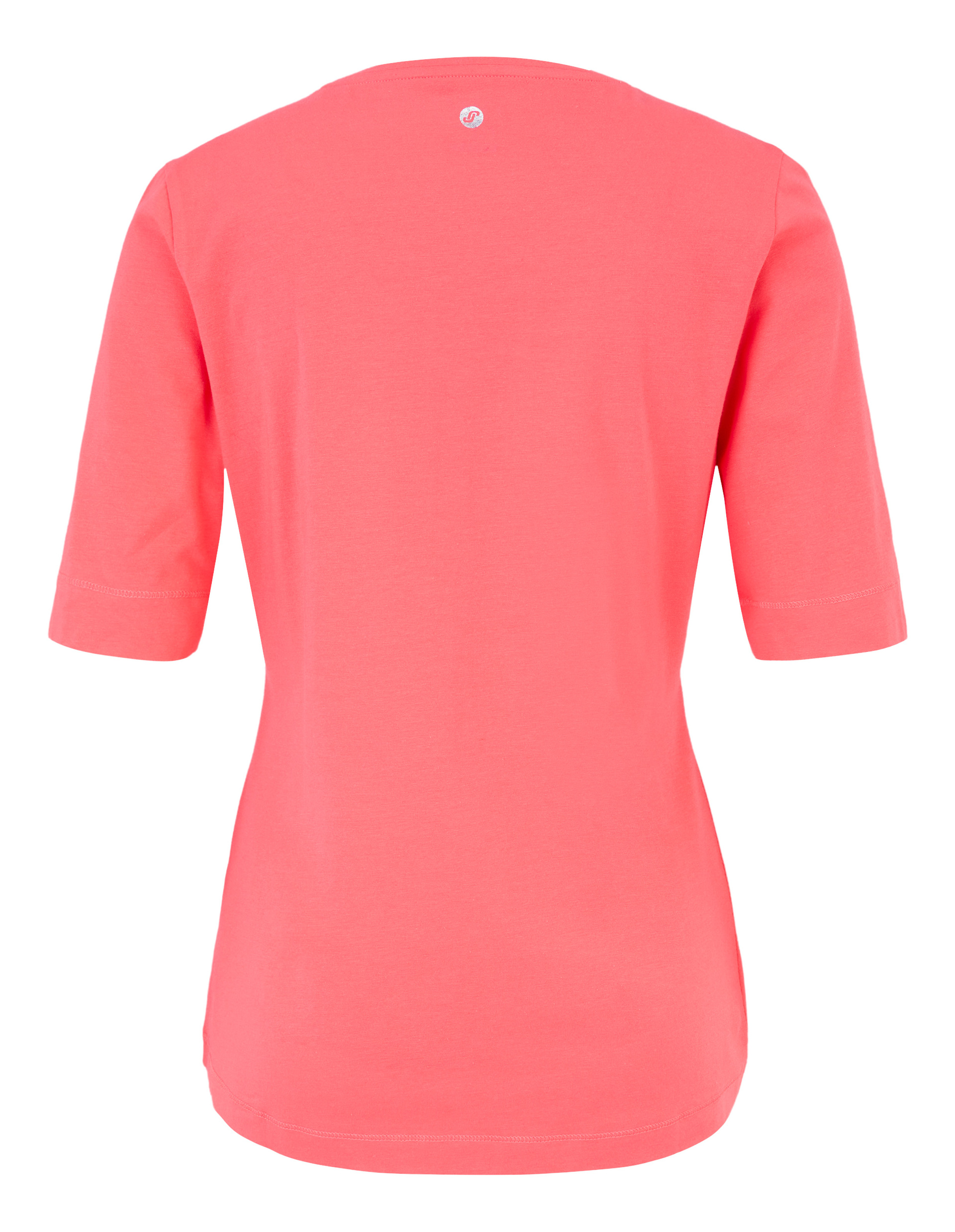 Koralrotes T-Shirt mit rundem Kragen, kurzen Ärmeln und eingeprägtem Schriftzug \\\"JOY IS NOW\\\" auf der Vorderseite.