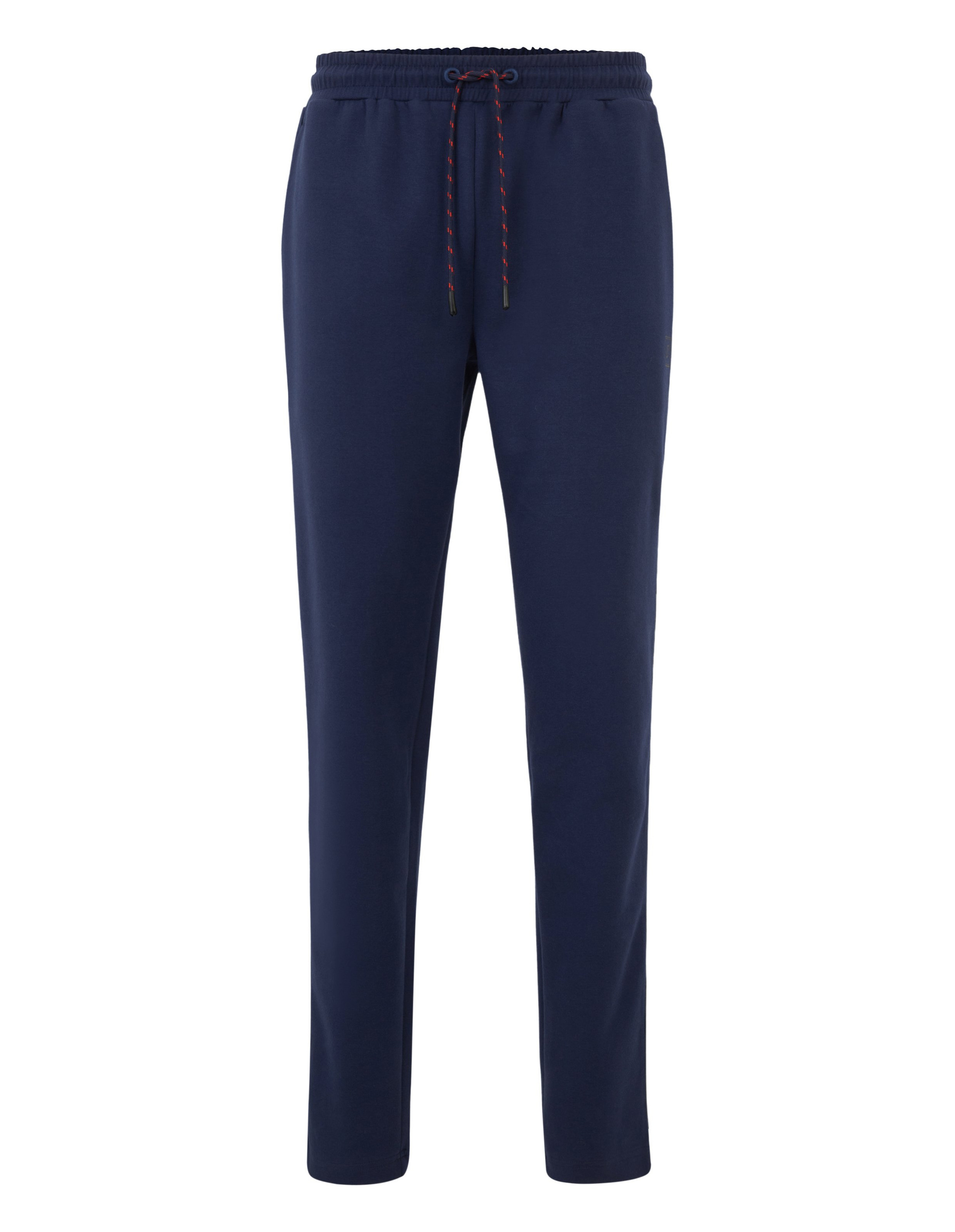 Dunkelblaue Jogginghose mit elastischem Bund und rotem Kordelzug, aus weichem Stoff für bequemen Sitz und sportlichen Stil.