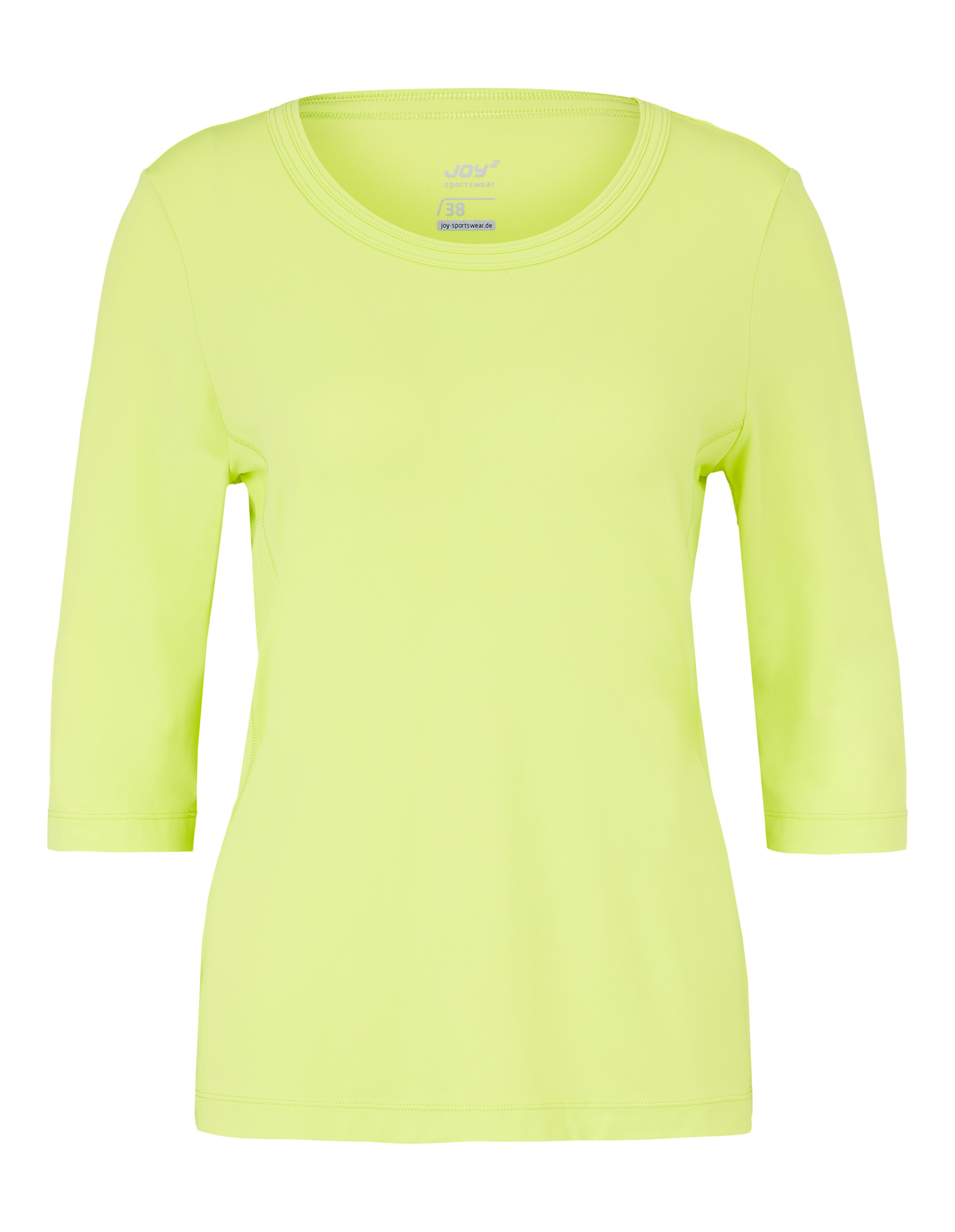 Ein limonengrünes Damen-3/4-Armshirt mit rundem Ausschnitt, schlichtem Design und elastischem Stoff, ideal für sportliche Aktivitäten.