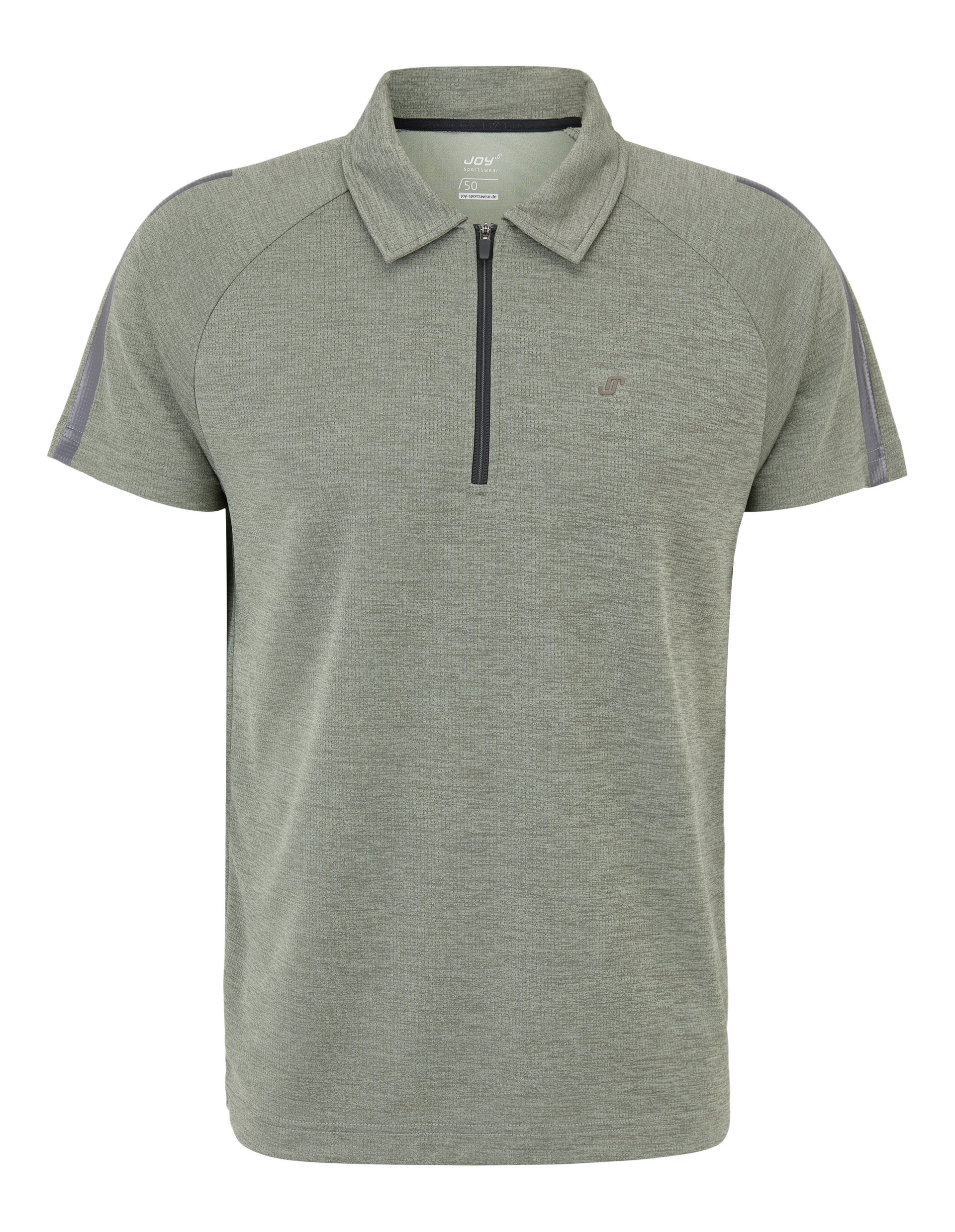 Graues Kurzarm-Poloshirt mit Reißverschluss und Stehkragen, dunkleren Streifen an den Schultern und dezentem Logo auf der Brust.