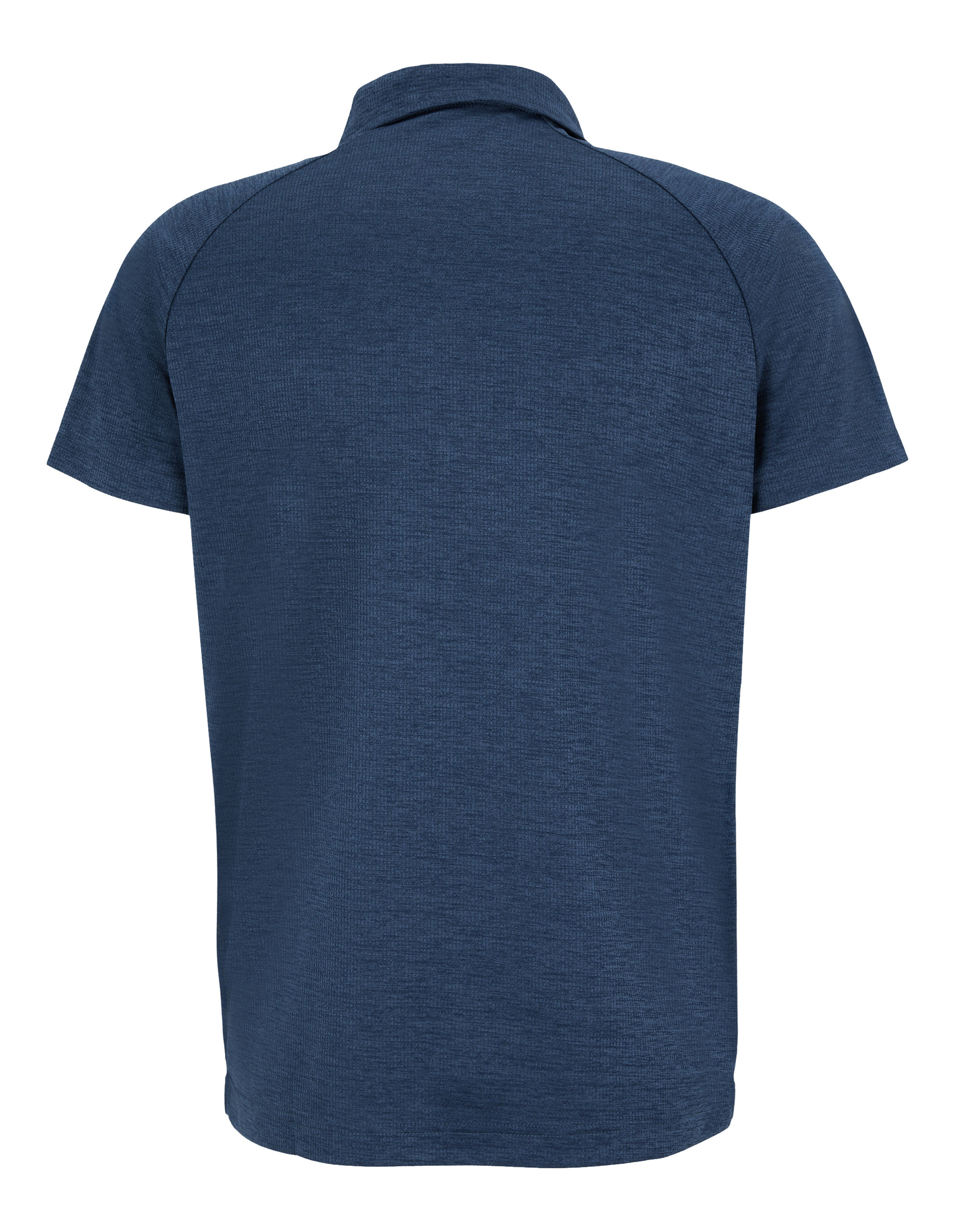 Dunkelblaues Polohemd von hinten, kurzärmelig mit Kragen, aus meliertem Stoff ohne auffällige Details oder Muster.