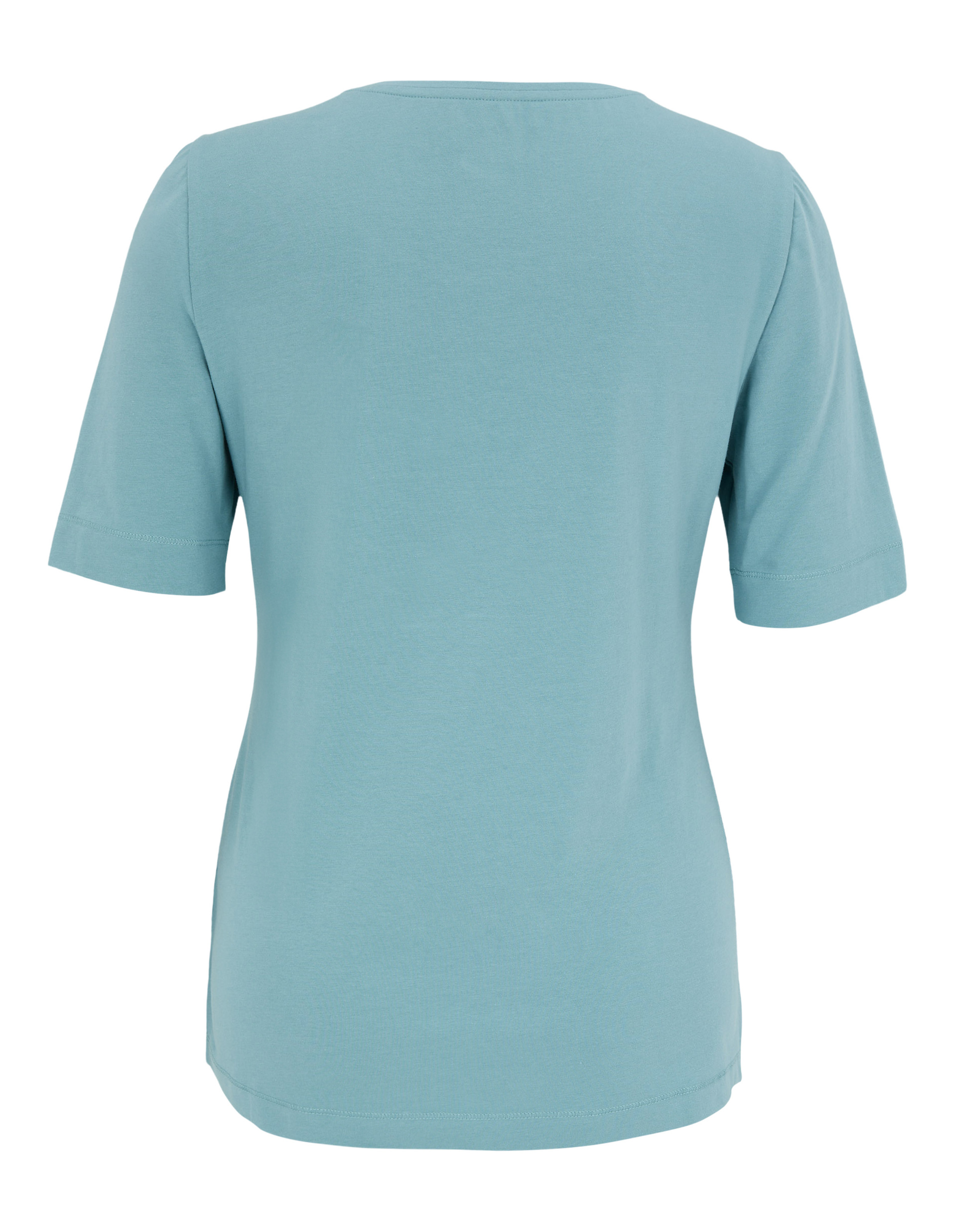 Rückansicht eines schlichten, mintgrünen T-Shirts mit kurzen Ärmeln, ohne Aufdruck oder Muster, das locker fällt.