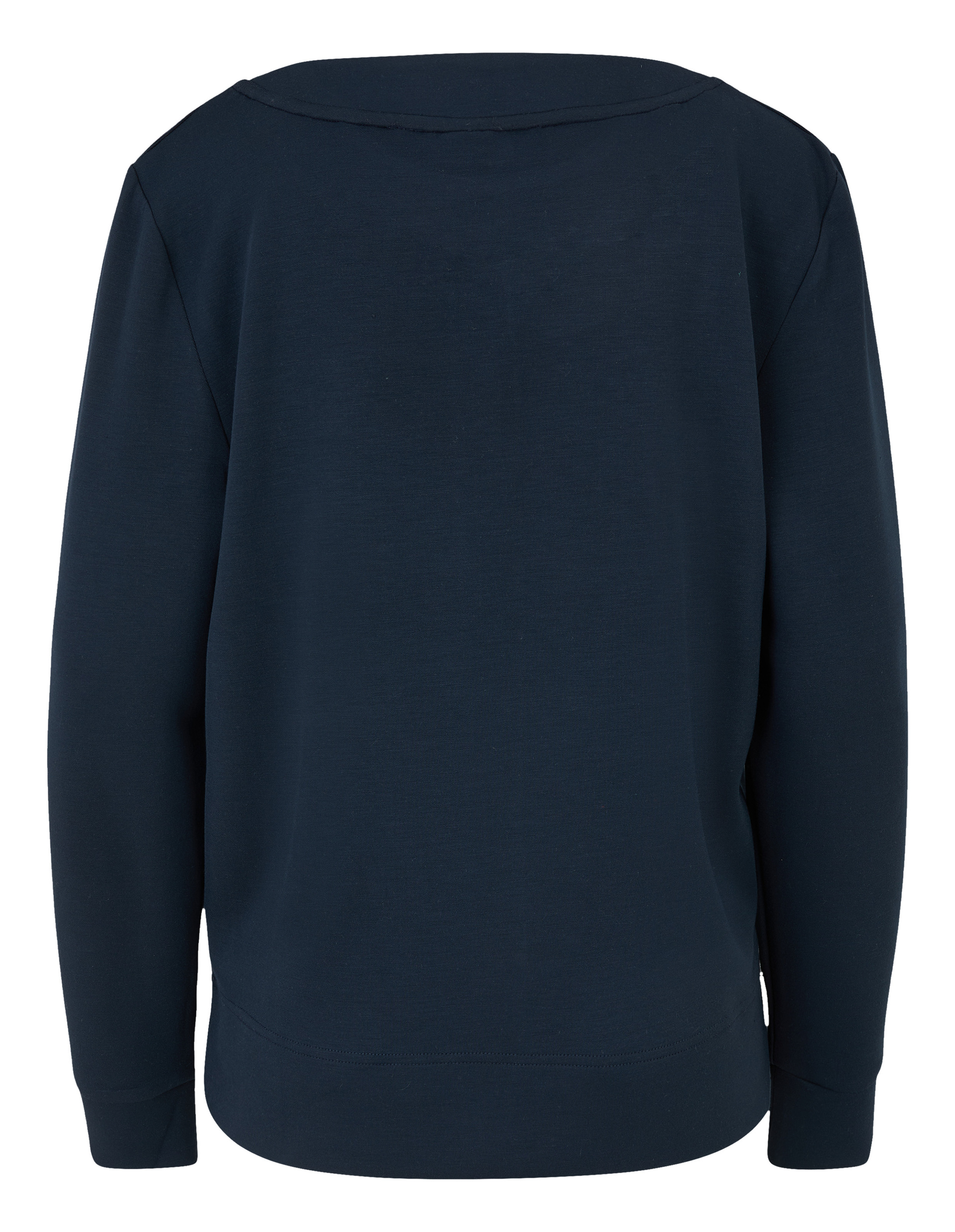 Dunkelblauer Pullover mit langen Ärmeln und schlichtem Design, Rückansicht mit bündigem Saum und breitem, runden Ausschnitt.