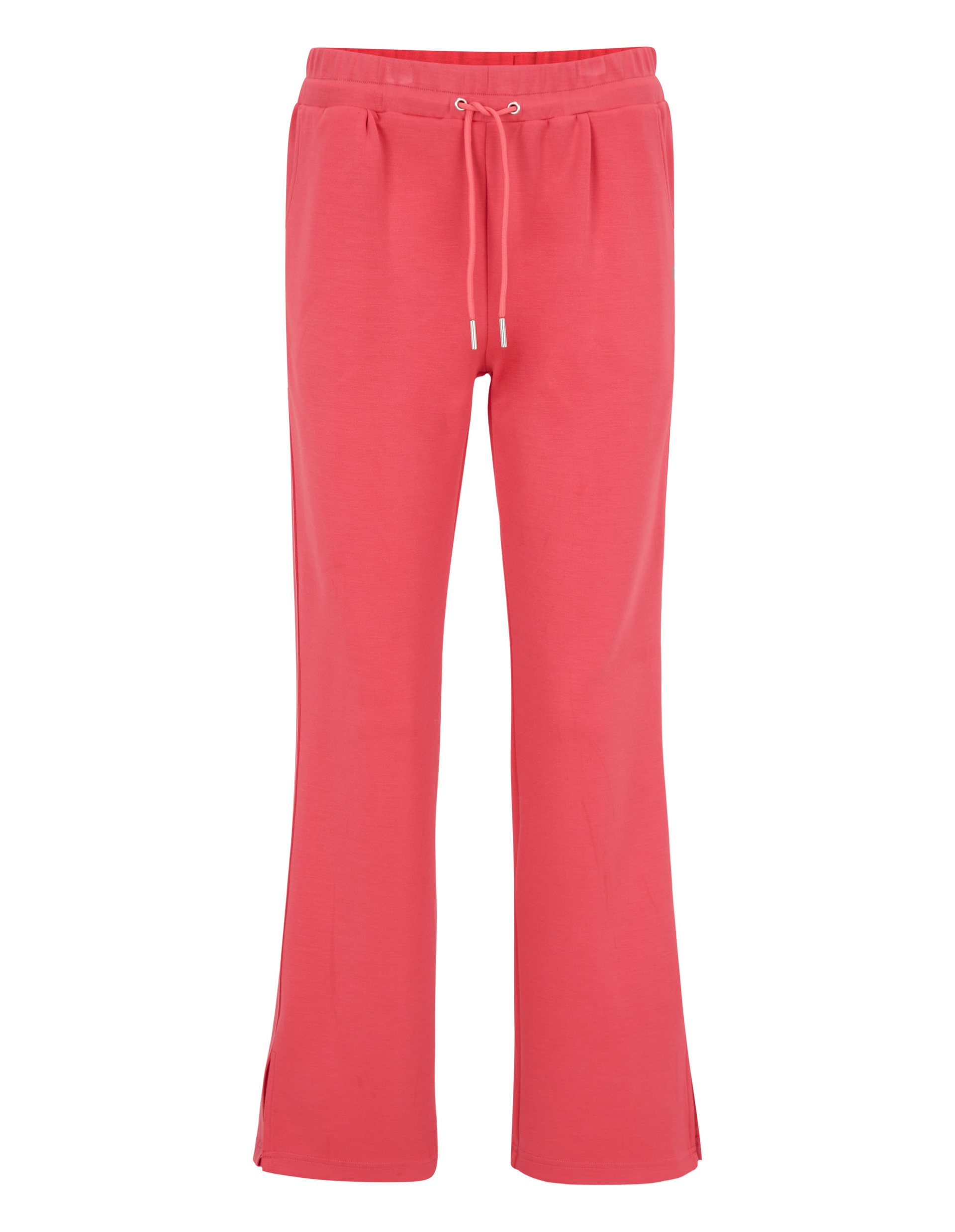 Rote Jogginghose mit elastischem Bund und Kordelzug, weitem Bein und dezentem Seitenschlitz, ideal für lässige Freizeitkleidung.