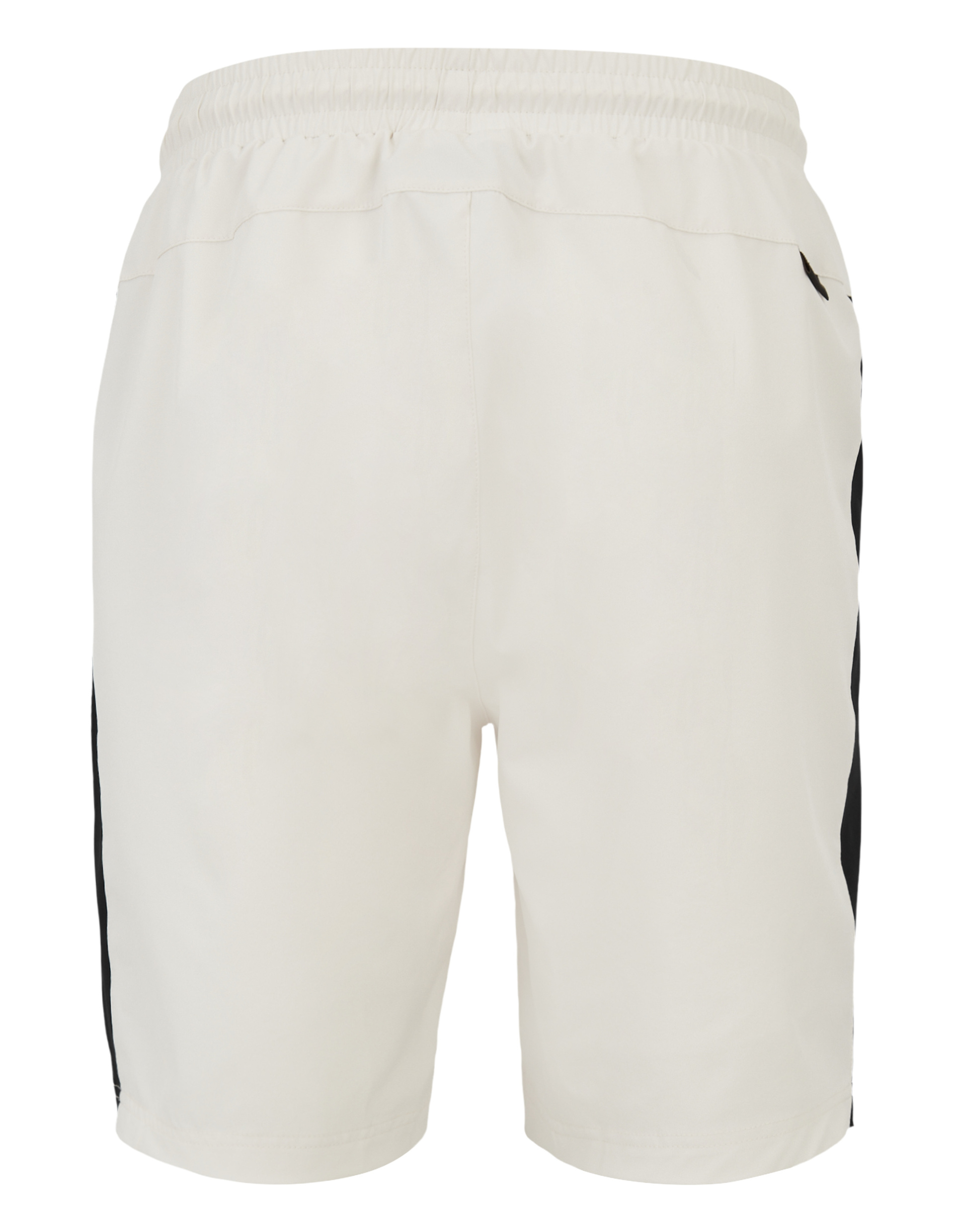 Weiße Shorts mit elastischem Bund und Kordelzug, seitlichem schwarzem Streifen und kleinem Logo am unteren Hosenbein.