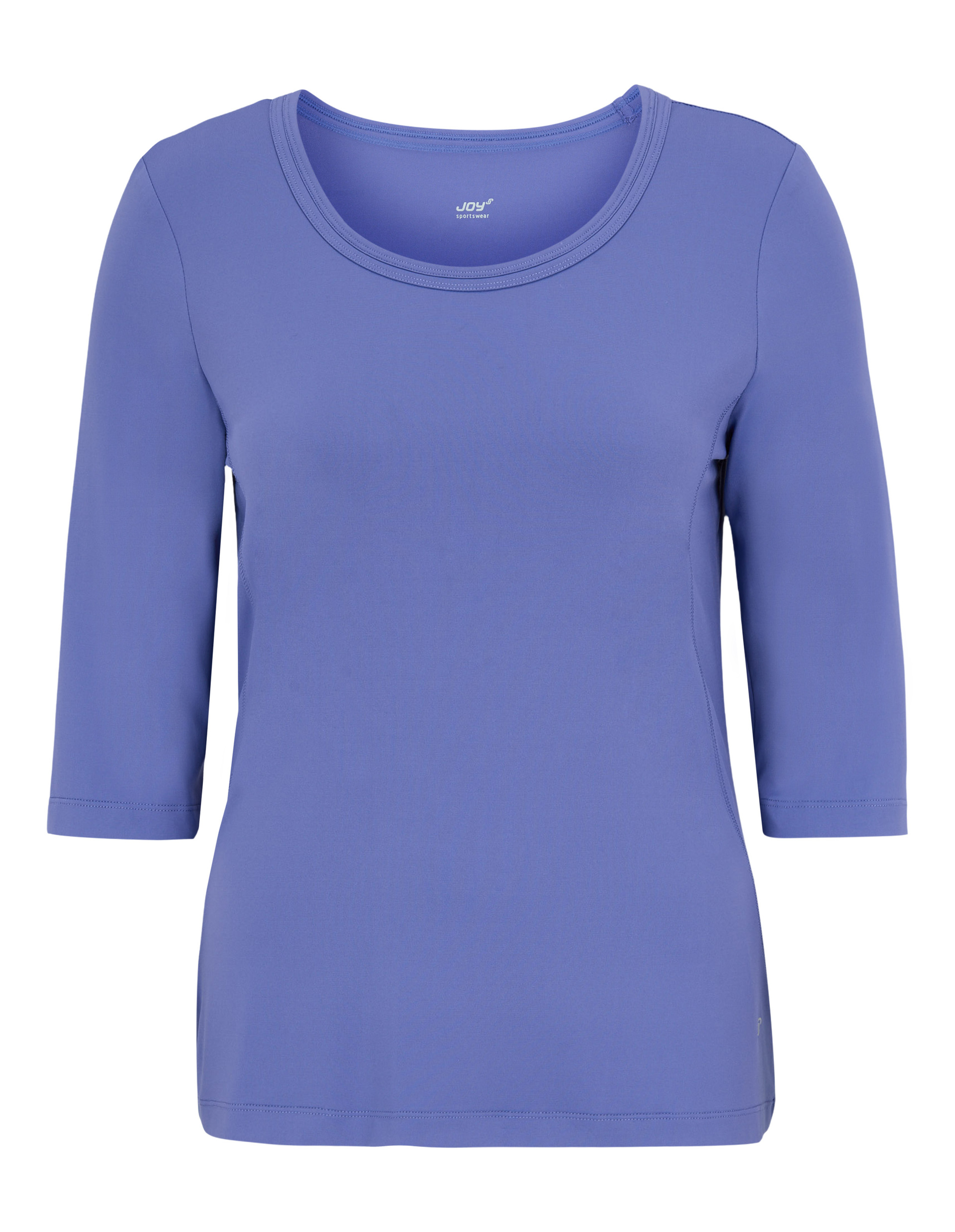 Lila Damen-Shirt mit dreiviertellangen Ärmeln und Rundhalsausschnitt, schlichtes Design ohne Muster oder Verzierungen.