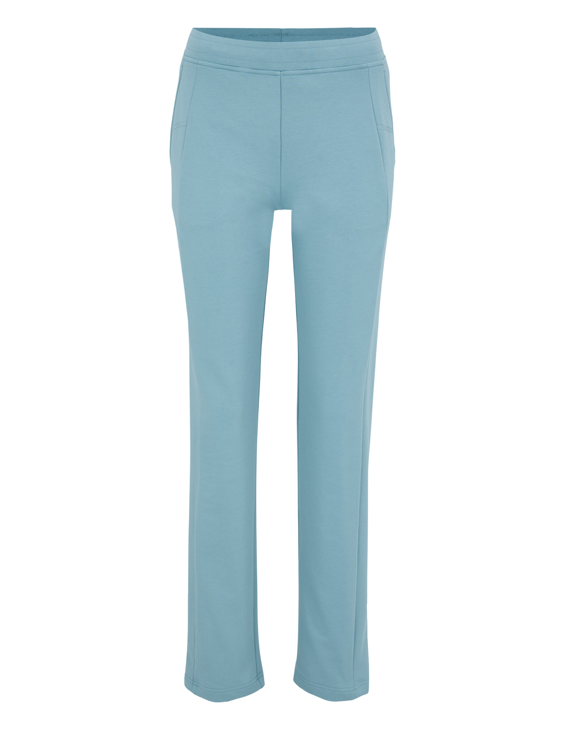 Hellblaue, lange Jogginghose mit elastischem Bund, geradem Schnitt und seitlichen Taschen, ideal für sportliche Aktivitäten.