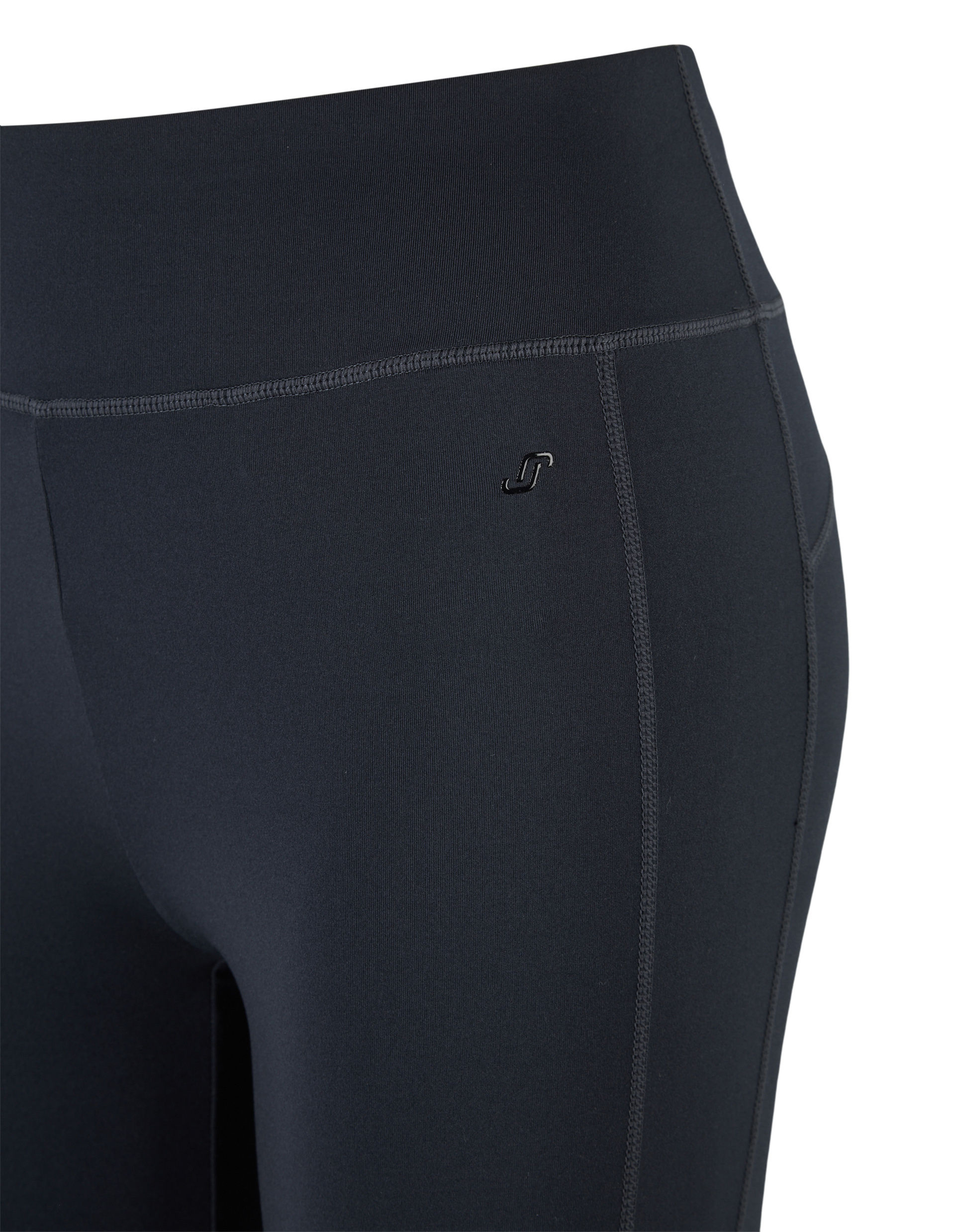 Schwarze, eng anliegende Sportleggings mit hohem Bund, sichtbar auf der linken Hüfte kleines Markenlogo, glatter Stoff.