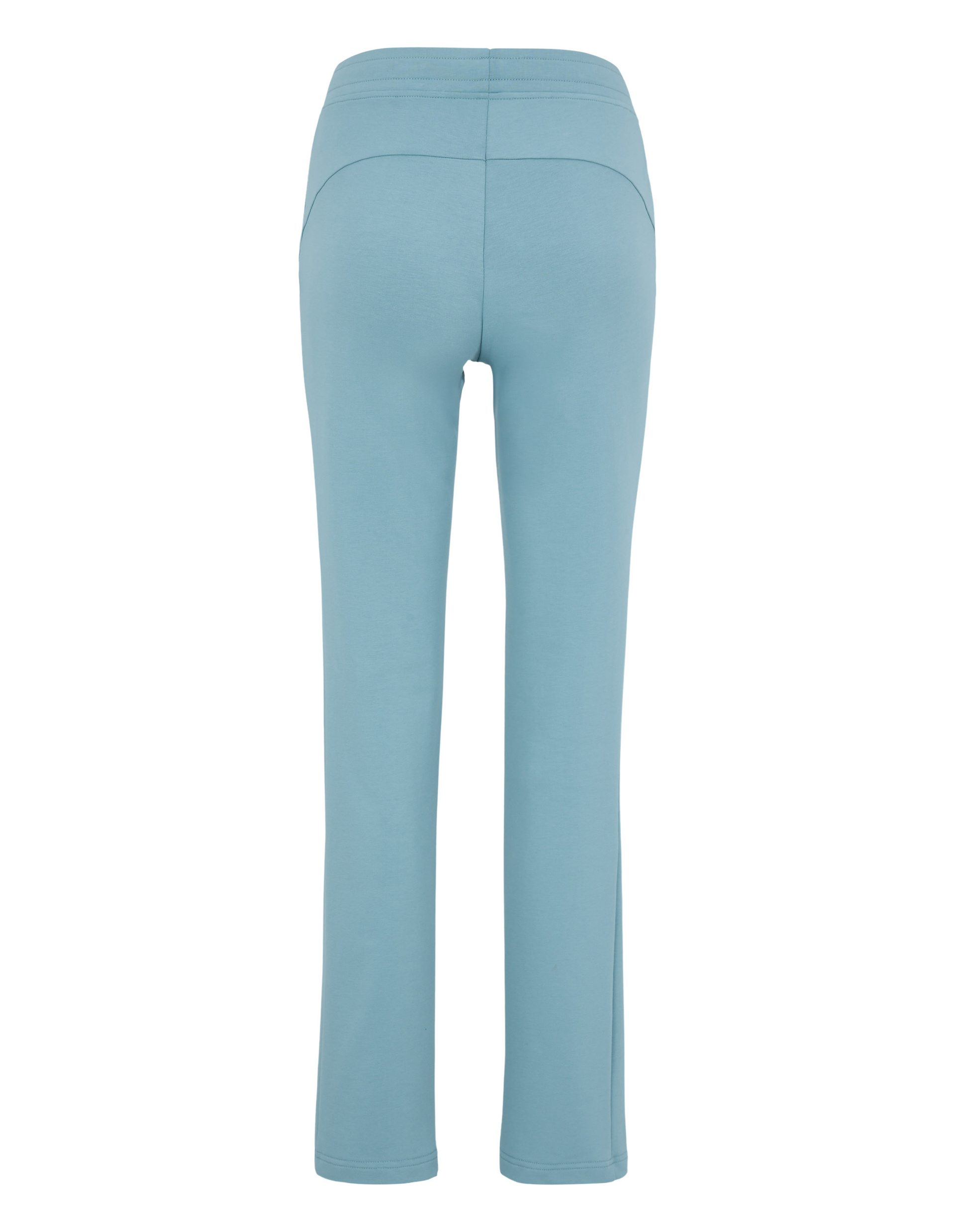 Himmelblaue Yogahose aus Baumwolle, Rückansicht mit hohem Bund und geradem Schnitt, schlichtes Design ohne Taschen oder Verzierungen.
