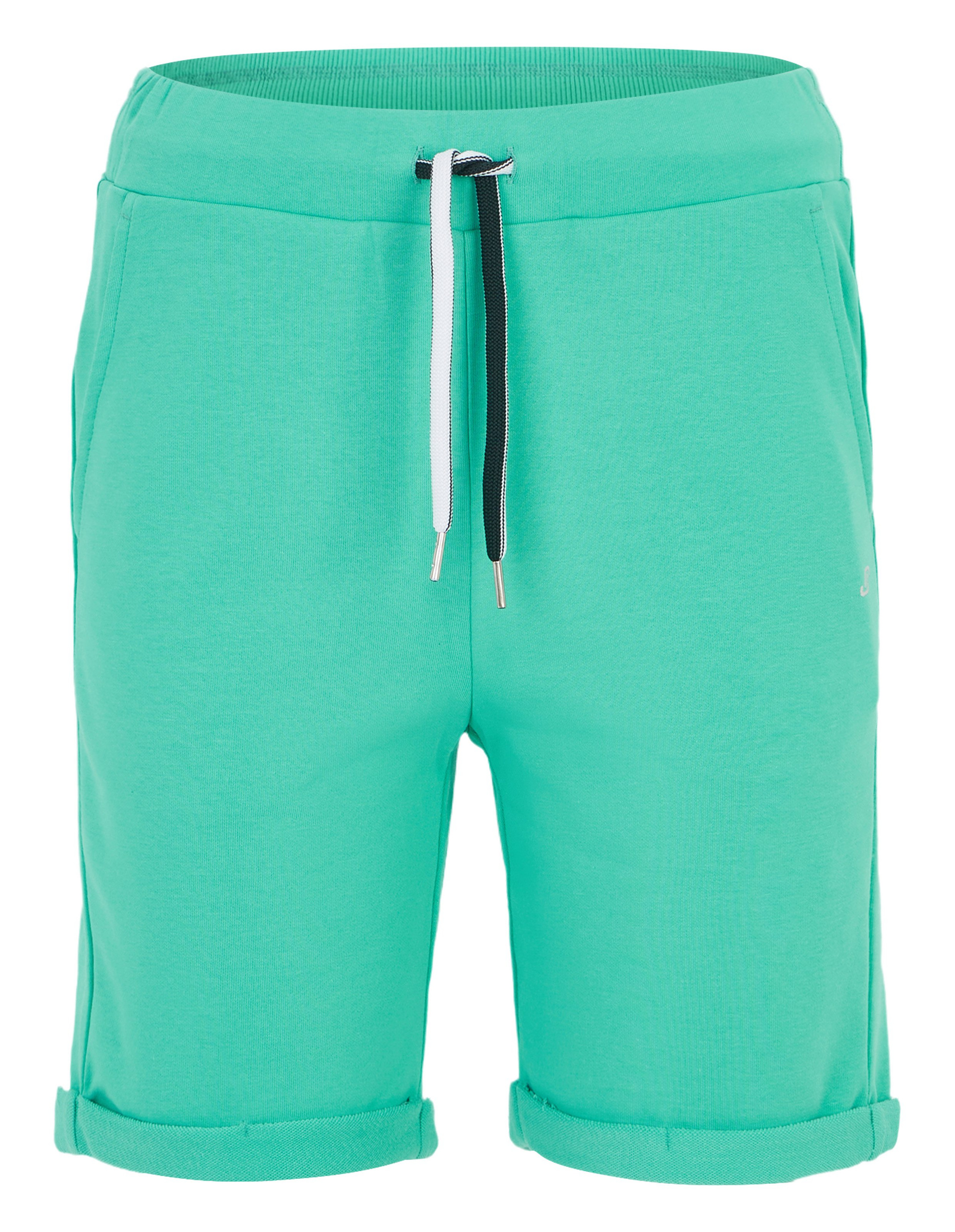 Türkise Shorts mit Kordelzug in Weiß und Schwarz, zwei Seitentaschen und umgeschlagenem Saum für einen sportlichen Look.