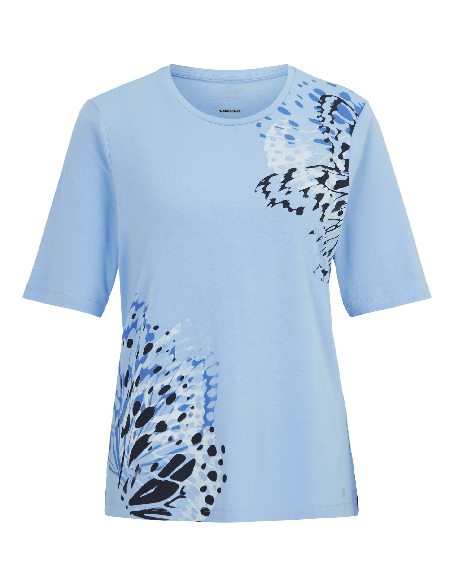 Hellblaues T-Shirt mit kurzen Ärmeln und Butterfly-Design in Blau- und Schwarztönen auf der rechten Seite.
