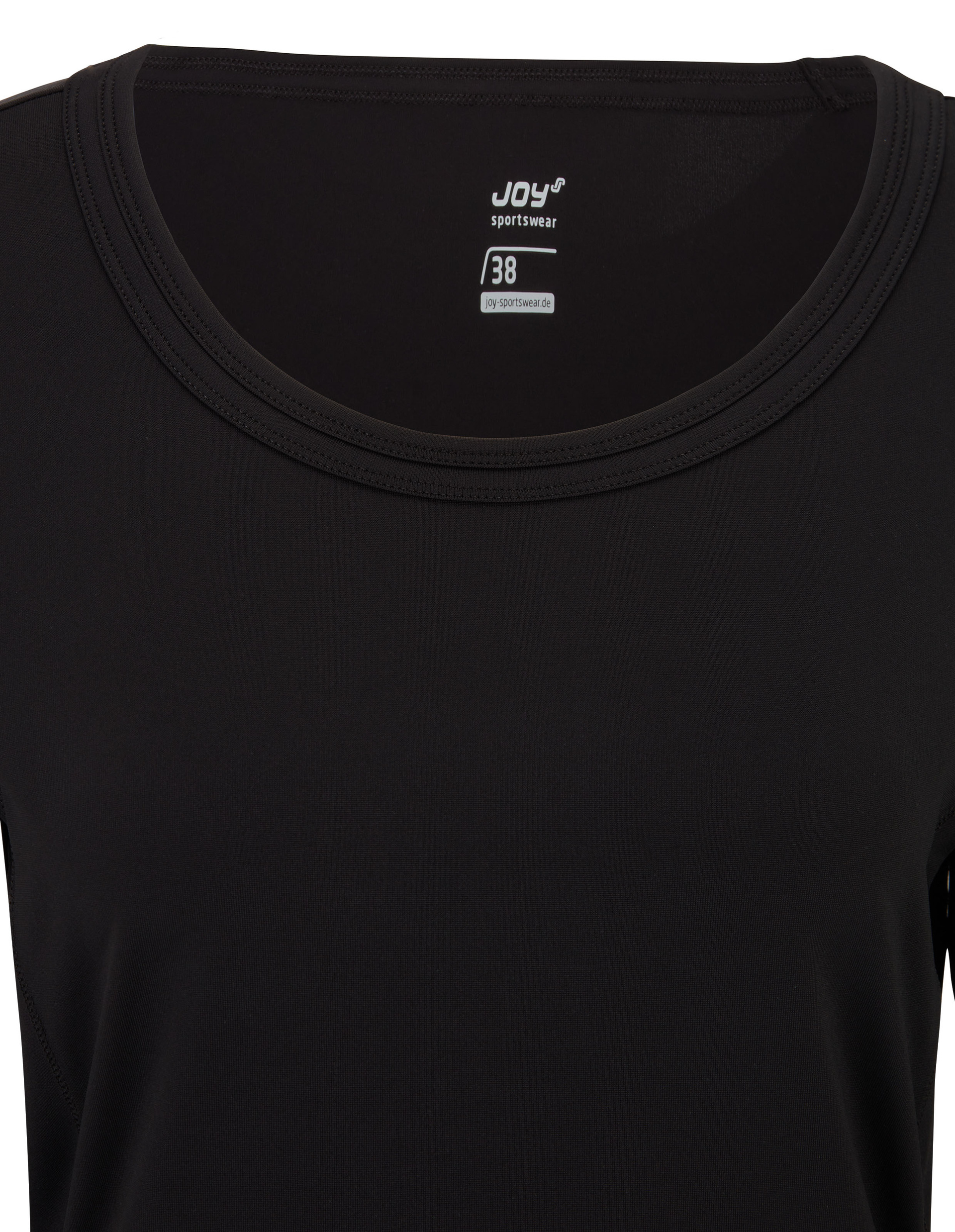 Schwarzes Sportoberteil von Joy Sportswear mit Rundhalsausschnitt, Größe 38, Material glatt und elastisch, sichtbar von vorne.
