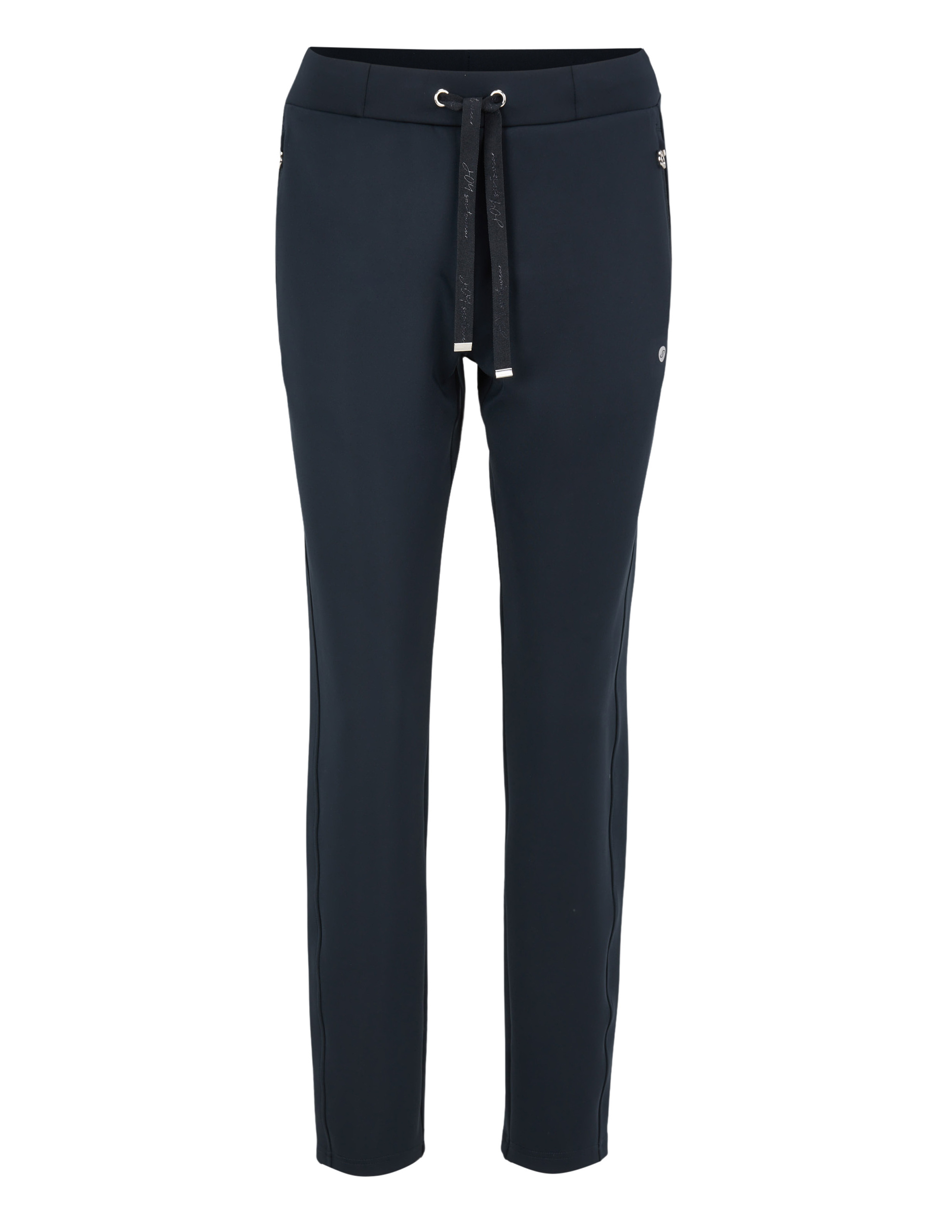 Dunkelblaue Jogginghose mit elastischem Bund, Kordelzug und zwei silbernen Knöpfen an den Taschen.