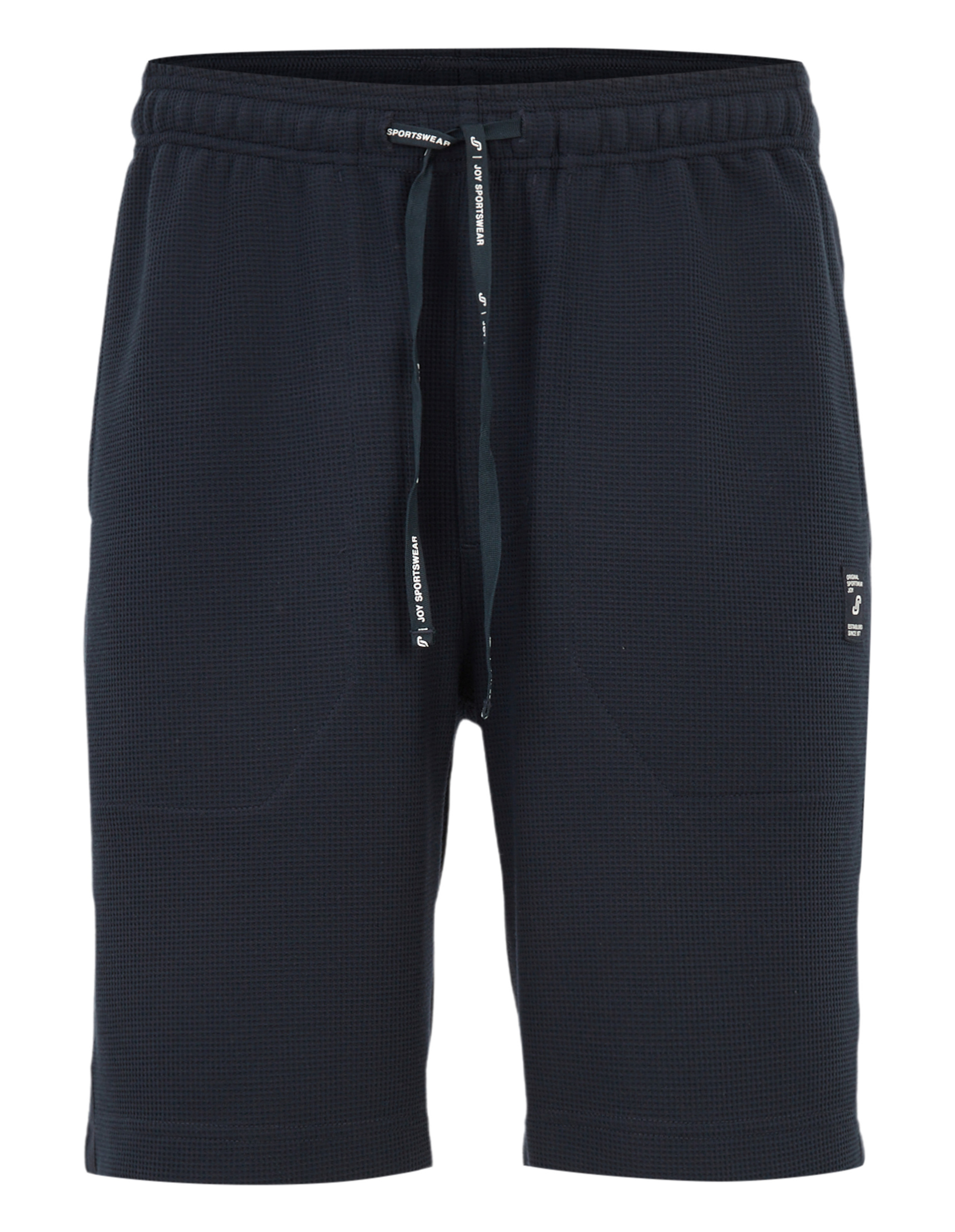 Eine dunkelblaue, knielange Sportswear-Shorts mit elastischem Bund und schwarzem Kordelzug, ideal für sportliche Aktivitäten.