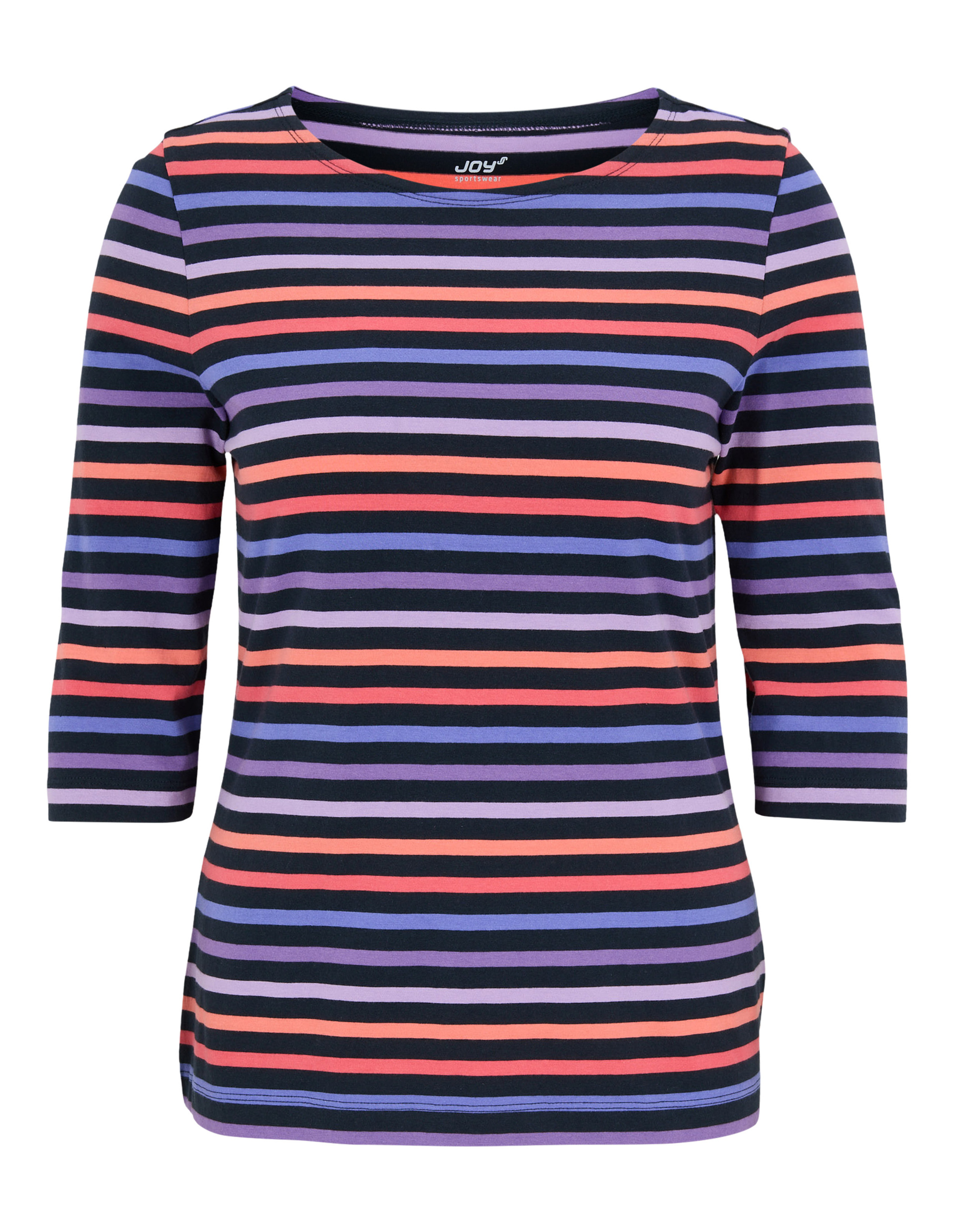 Dreiviertelarm-Top mit horizontalen Streifen in Lila, Rot und Blau, die abwechselnd in unterschiedlichen Breiten angeordnet sind.