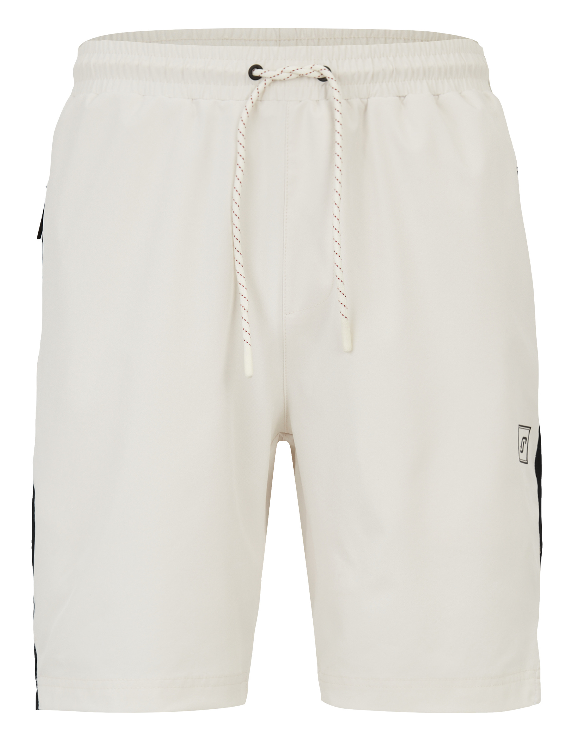 Weiße Shorts mit elastischem Bund und Kordelzug, seitlichem schwarzem Streifen und kleinem Logo am unteren Hosenbein.