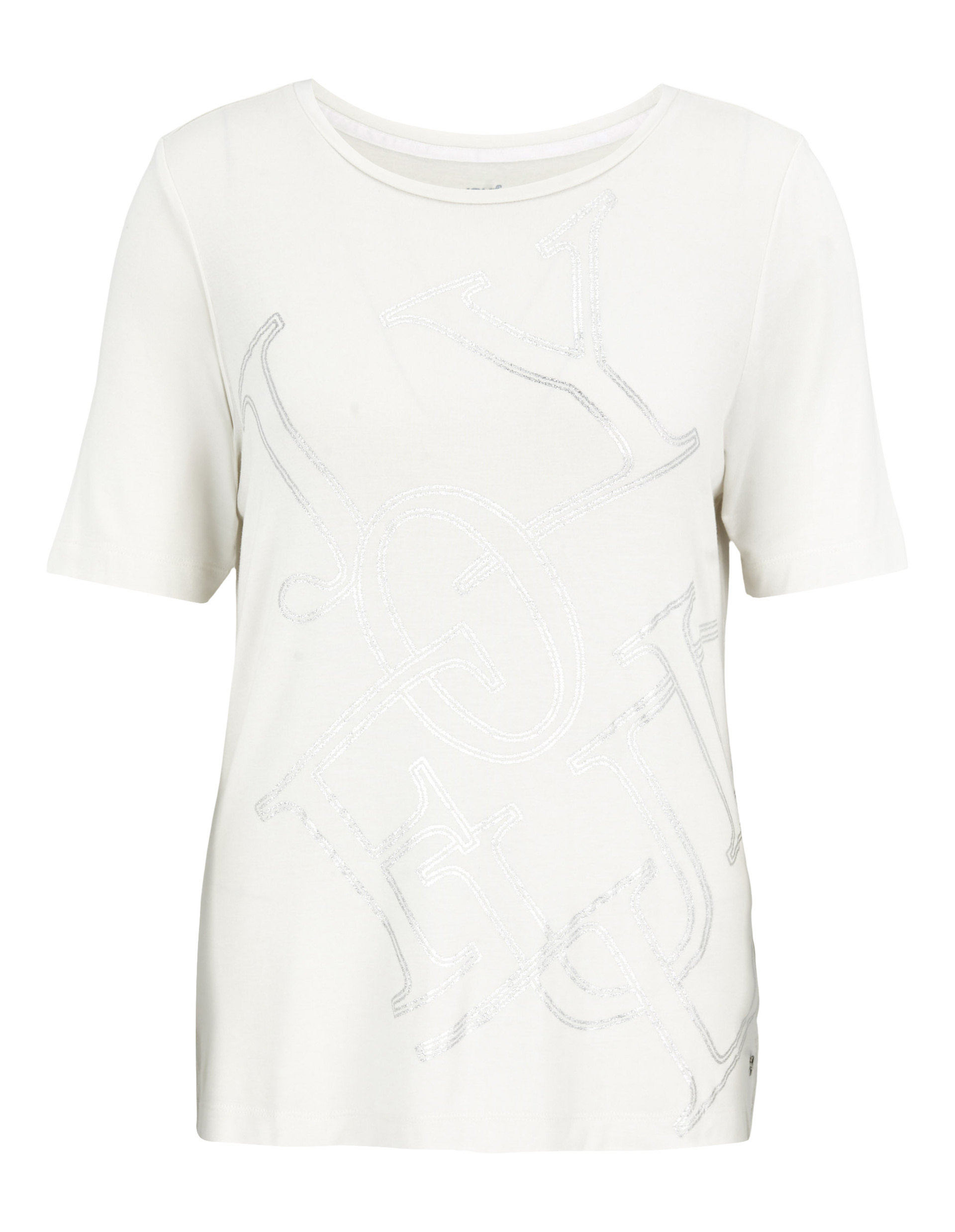 Weißes T-Shirt mit rundem Ausschnitt, kurzen Ärmeln und silbernem Schriftzug in großen Buchstaben als Muster auf der Vorderseite.