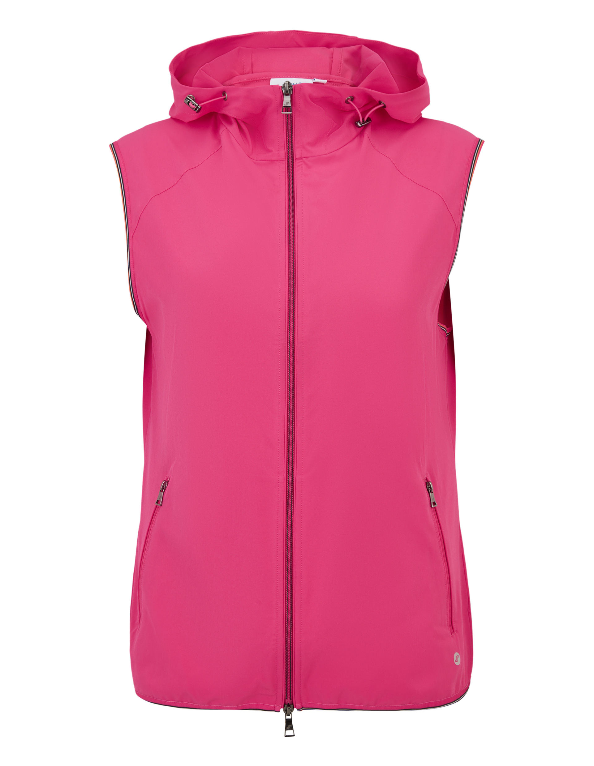 Ärmellose, pinke Kapuzenweste mit Frontreißverschluss und zwei seitlichen Reißverschlusstaschen für sportlichen Stil.