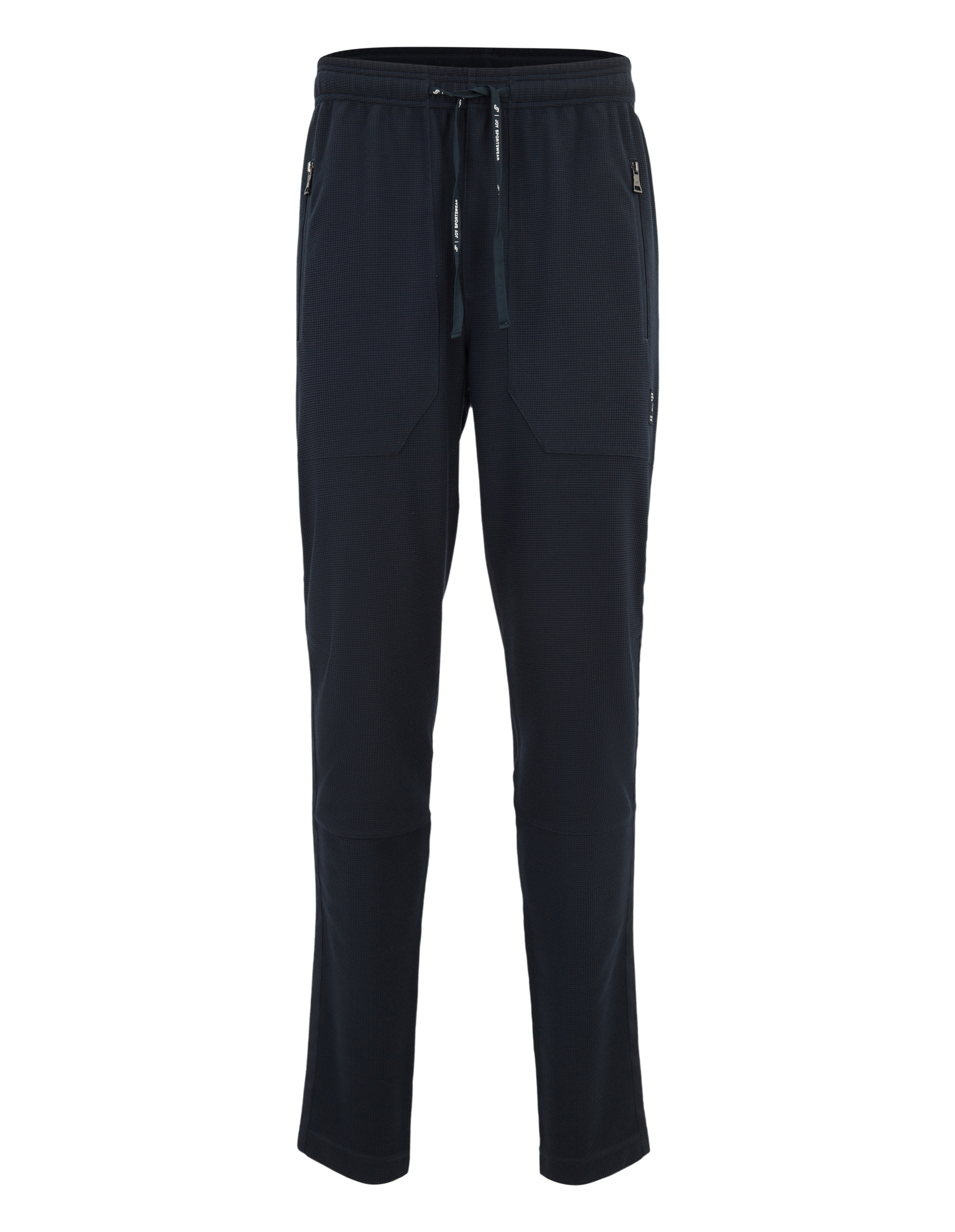 Dunkelblaue Jogginghose mit elastischem Bund, Kordelzug und Reißverschlusstaschen, aus weichem Stoff für Komfort.