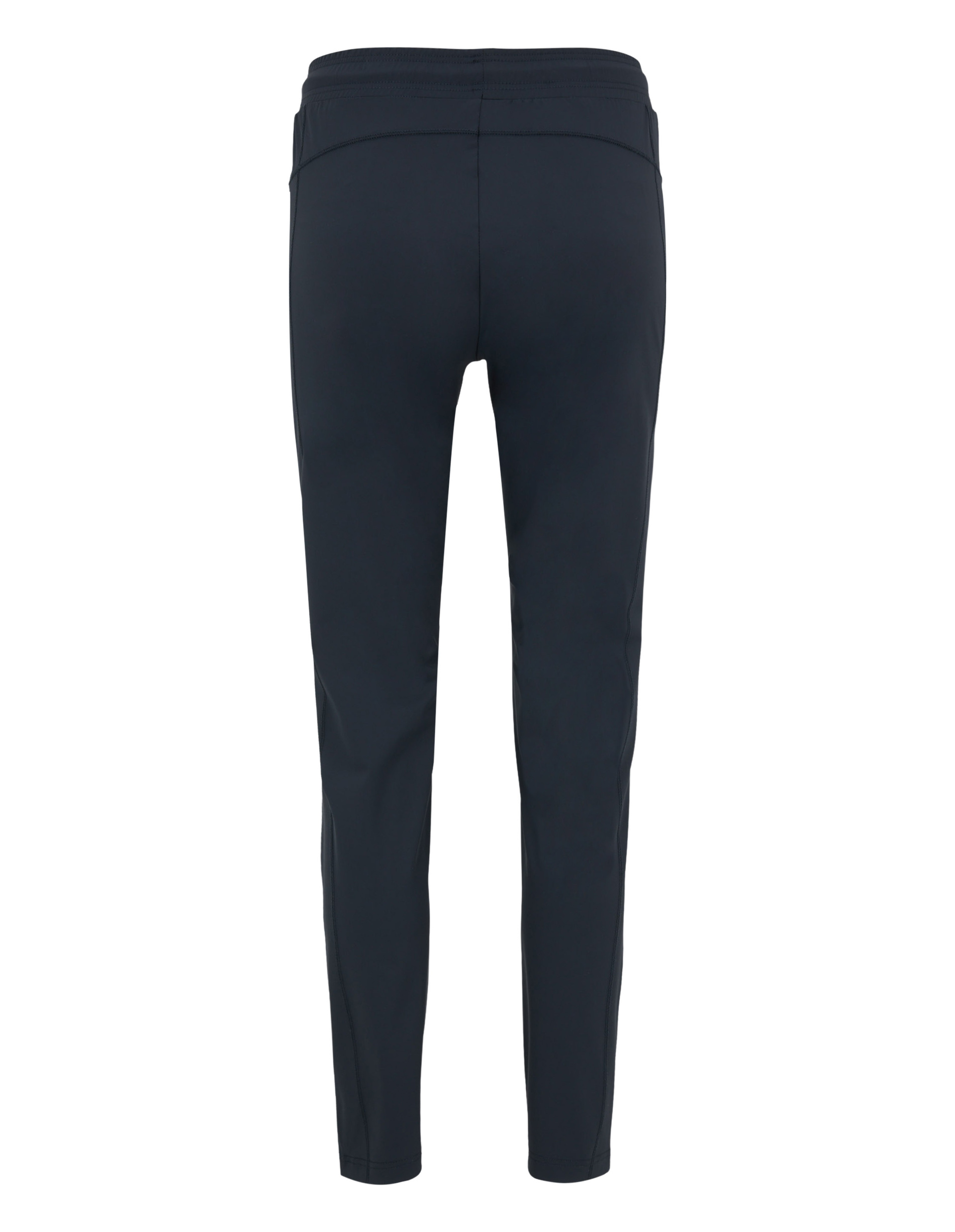 Dunkelblaue Jogginghose mit elastischem Bund, schmalem Schnitt und ohne sichtbare Taschen, von hinten fotografiert.