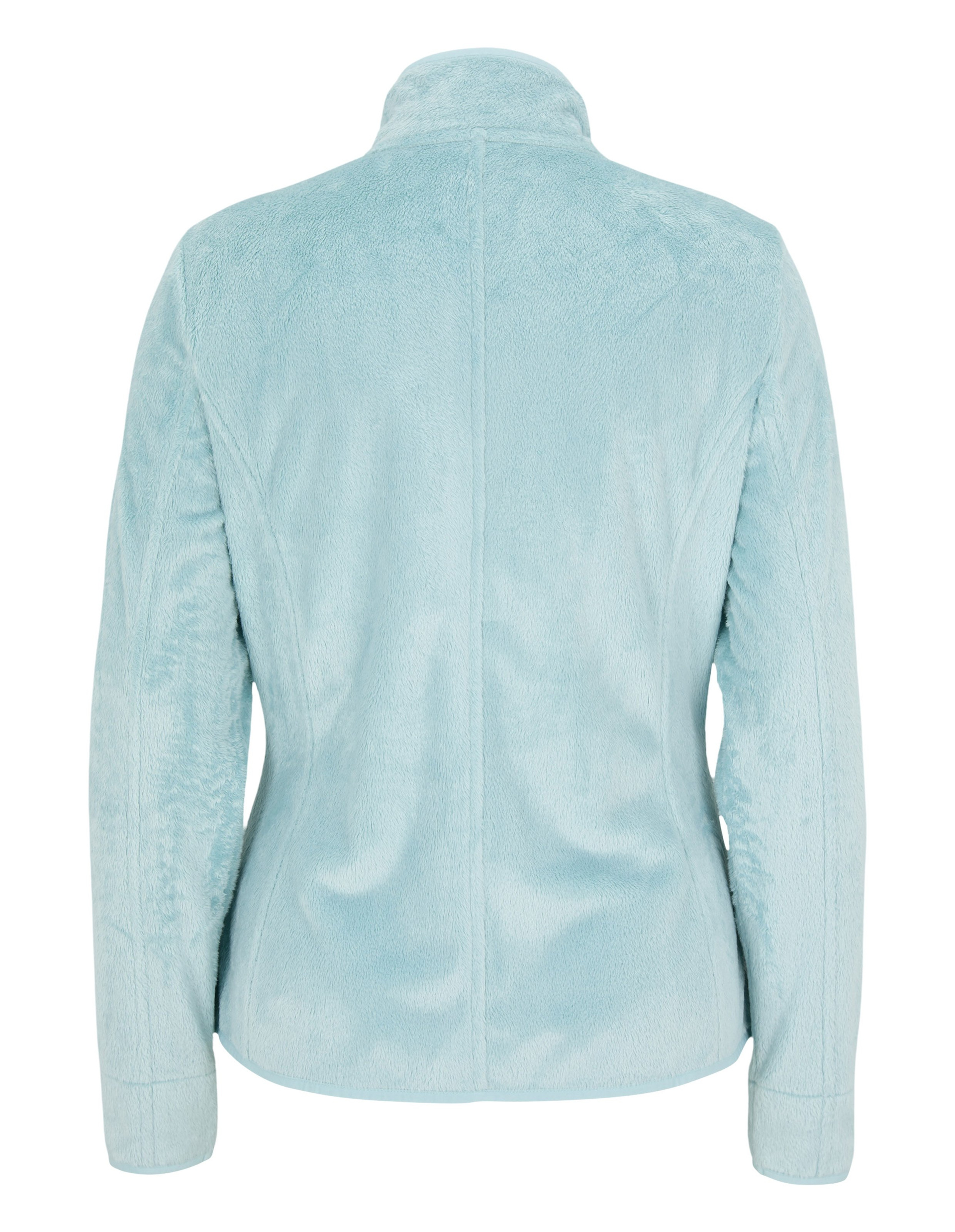 Rückansicht einer hellblauen Fleecejacke mit Stehkragen und langen Ärmeln, die glatte und weiche Textur zeigt.