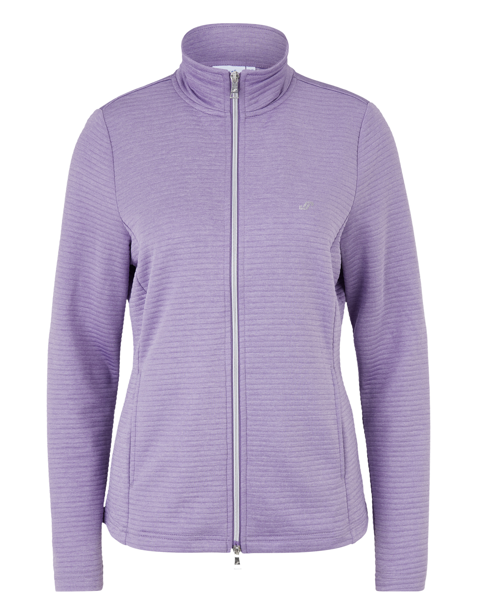 Lila Damenjacke mit Stehkragen, durchgehendem Reißverschluss, feiner Rippstruktur und kleinem Logo auf der Brust.