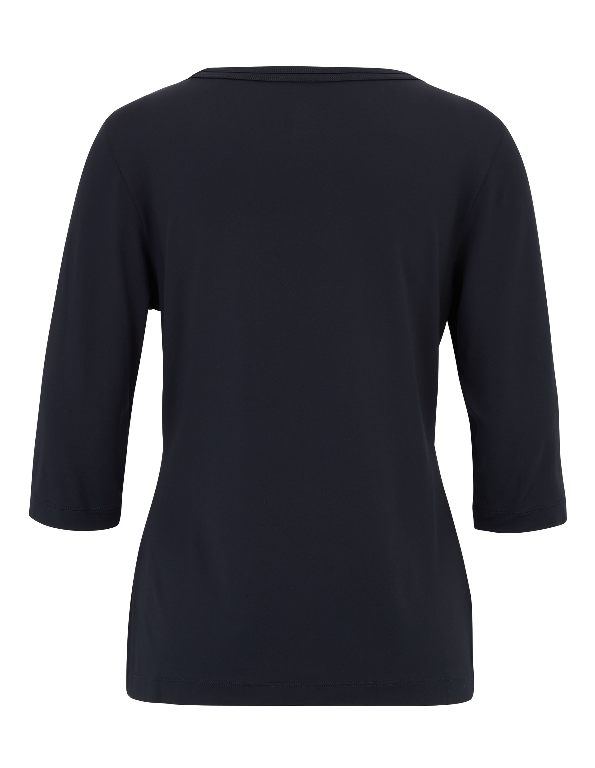 Schwarzes, schlichtes T-Shirt mit Dreiviertelärmeln und einem geraden Schnitt, von hinten gezeigt.